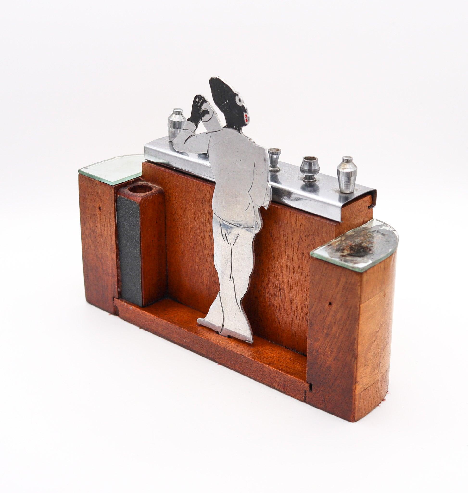 Enamel SUDRE Art Deco 1930 French Barman Cigarette Dispenser In Burl & Cedar Wood For Sale