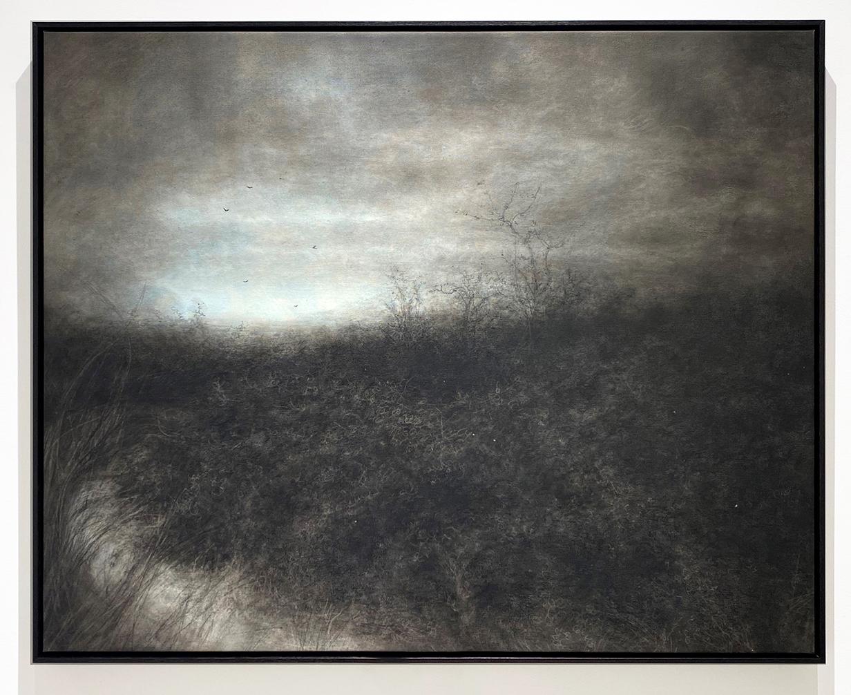 Dreamland (grande disegno di paesaggio a carboncino con cielo azzurro di Sue Bryan)