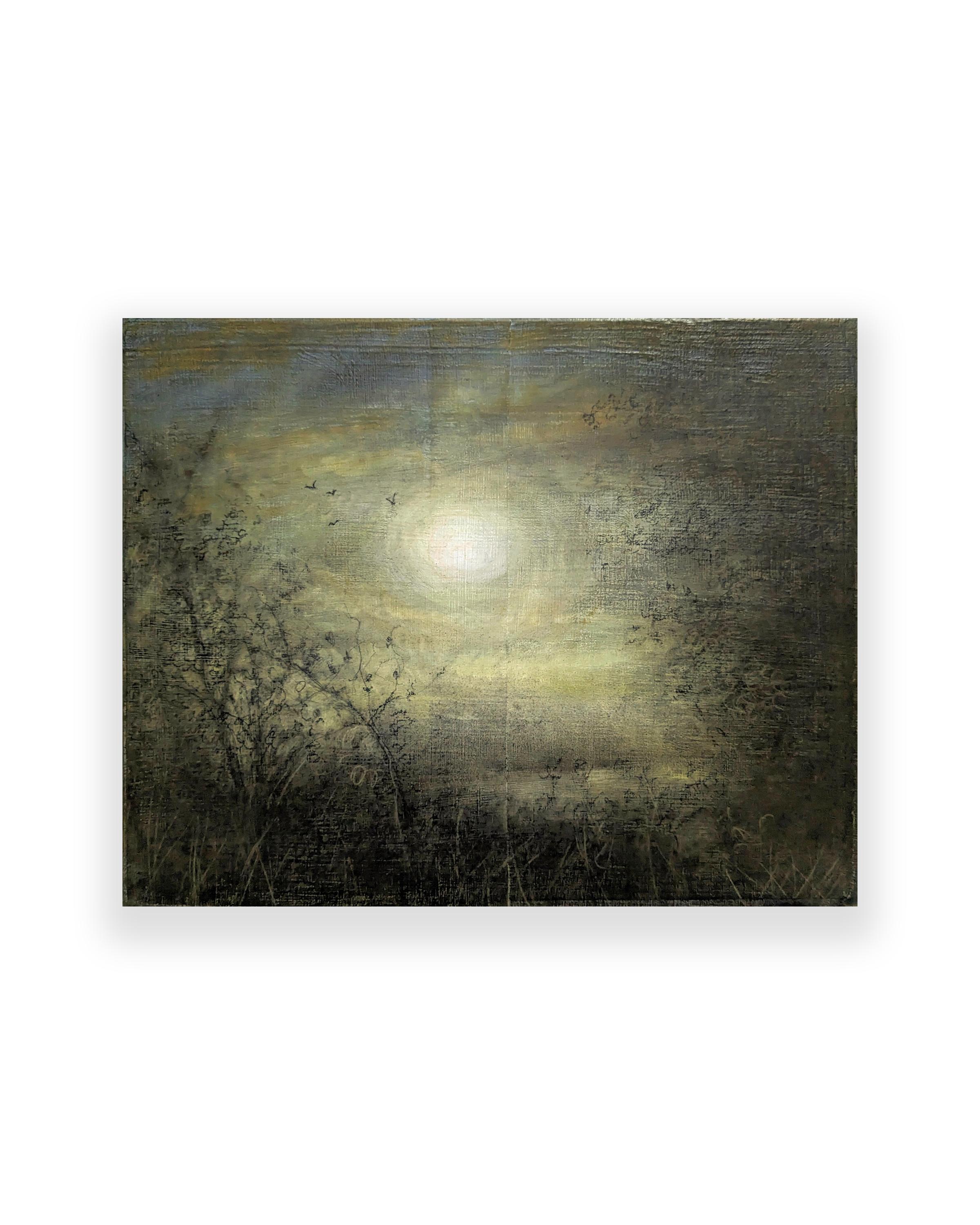Green Nocturne (Charcoal Landscape Drawing of Full Moon on Wood Panel) - Painting by Sue Bryan