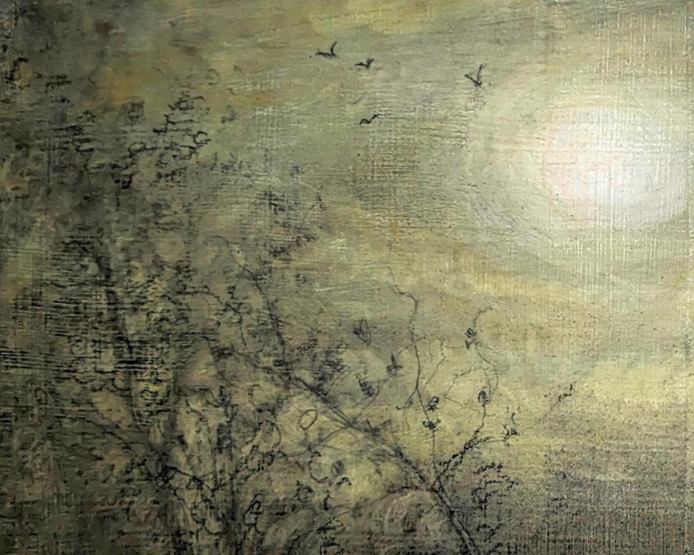 Green Nocturne (Charcoal Landscape Drawing of Full Moon on Wood Panel) - Contemporary Painting by Sue Bryan