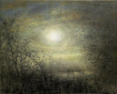 Green Nocturne (Charcoal Landscape Drawing of Full Moon on Wood Panel)