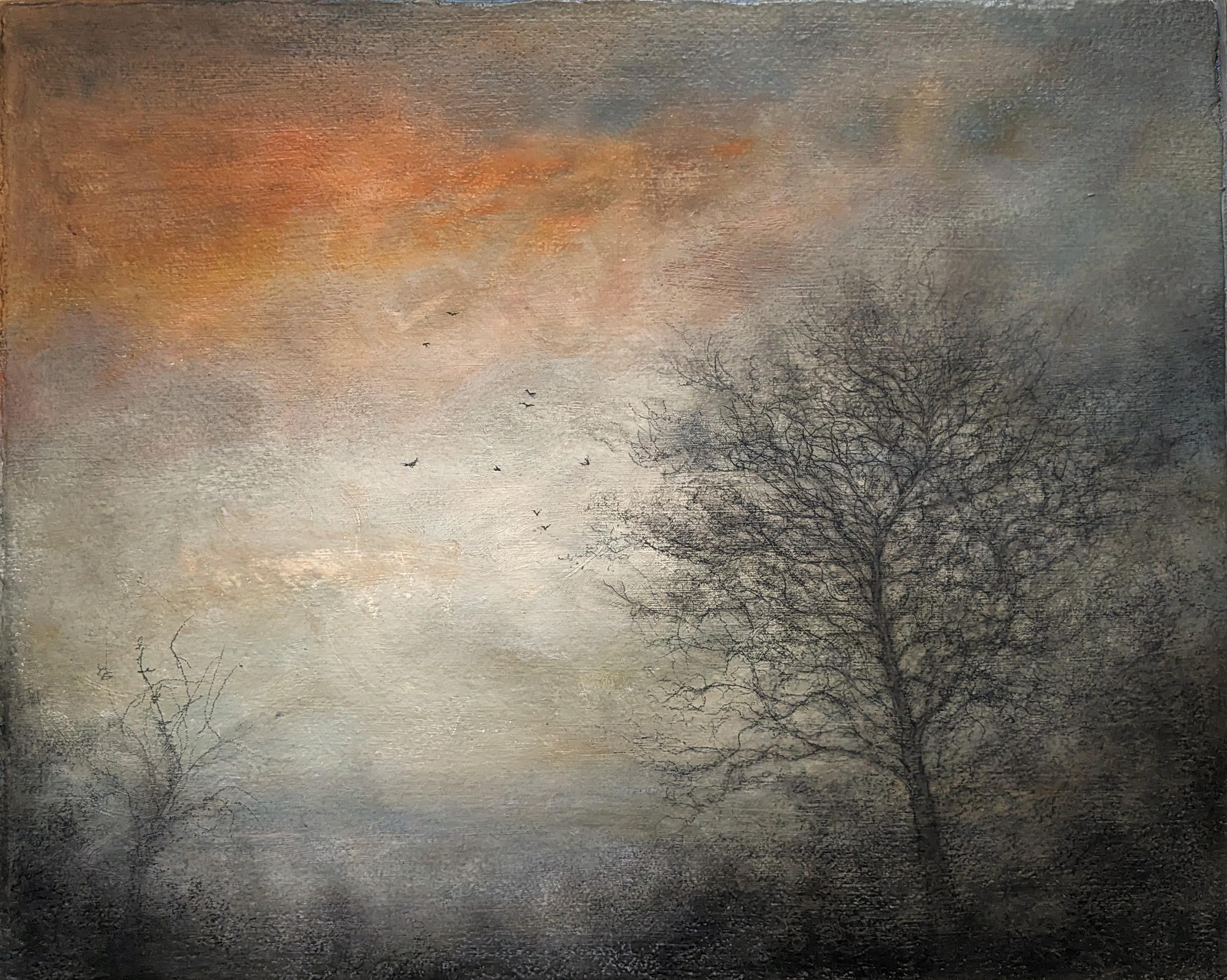 Still Point (dessin de paysage de style tonaliste d'une forêt de campagne par Sue Bryan)