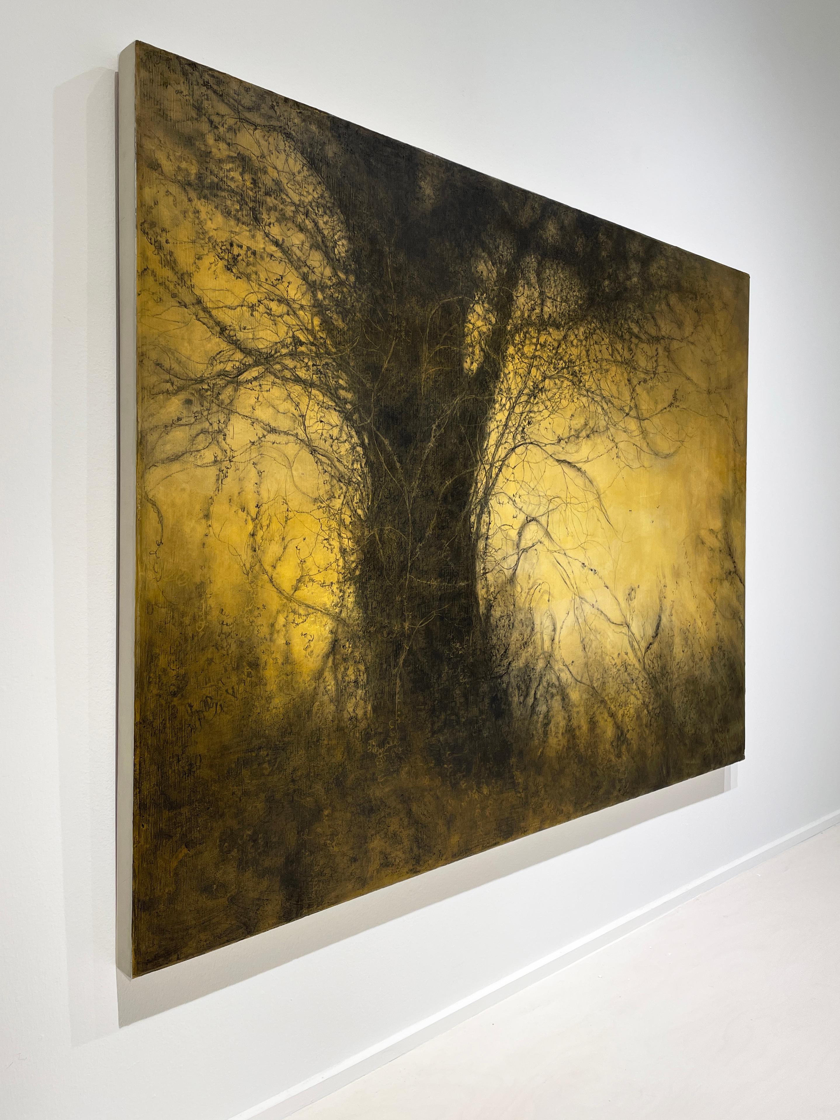 The Golden Hour (Sun-Washed Landscape Charcoal Drawing of Trees in Forest) - Painting by Sue Bryan