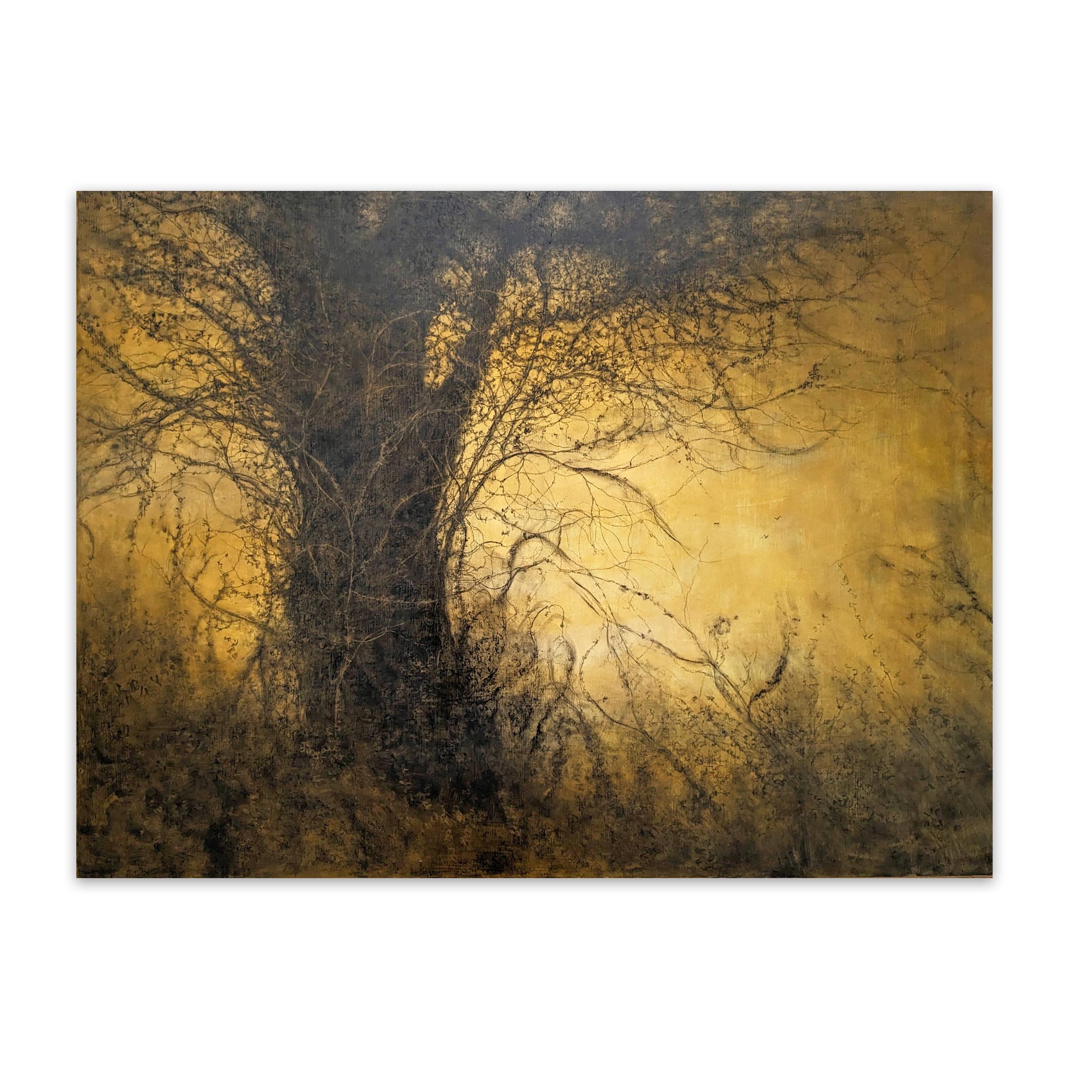 The Golden Hour (Sonnen gewaschene Landschaft, Kohlezeichnung von Bäumen im Wald) im Angebot 1