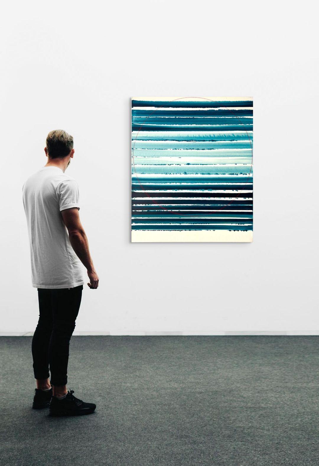 Eclipse, Abstract Teal And Blue Horizontal Stripe Painting, 38x30 in - Abstract Painting Azul de Sue Carlson