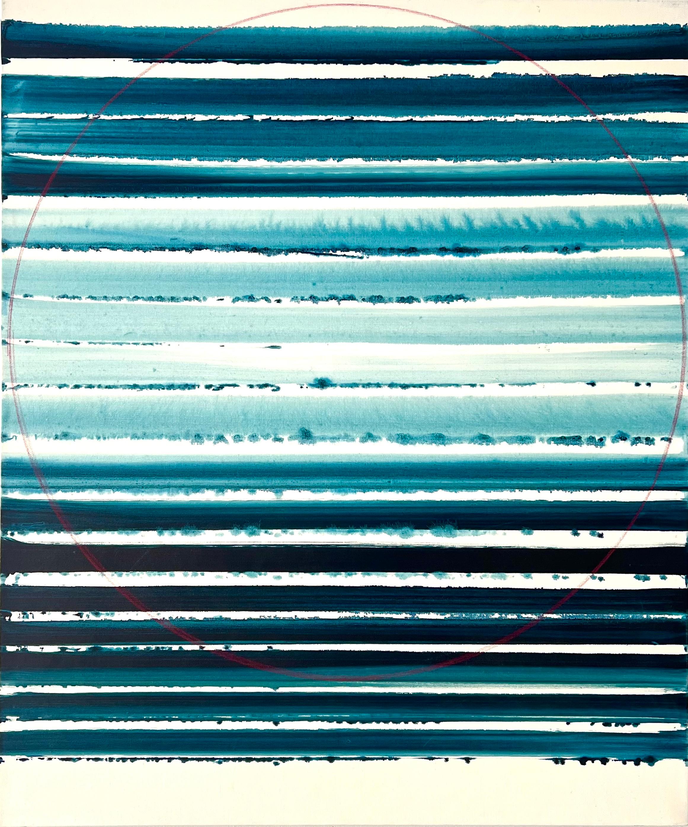 Sue Carlson, Eclipse is a mesmerizing abstract painting that blends atmospheric serenity with rhythmic motion. Carlson uses fluid horizontal bands of teal, aqua, and deep blue to evoke horizons, tides, and the passage of time. A faint red circular