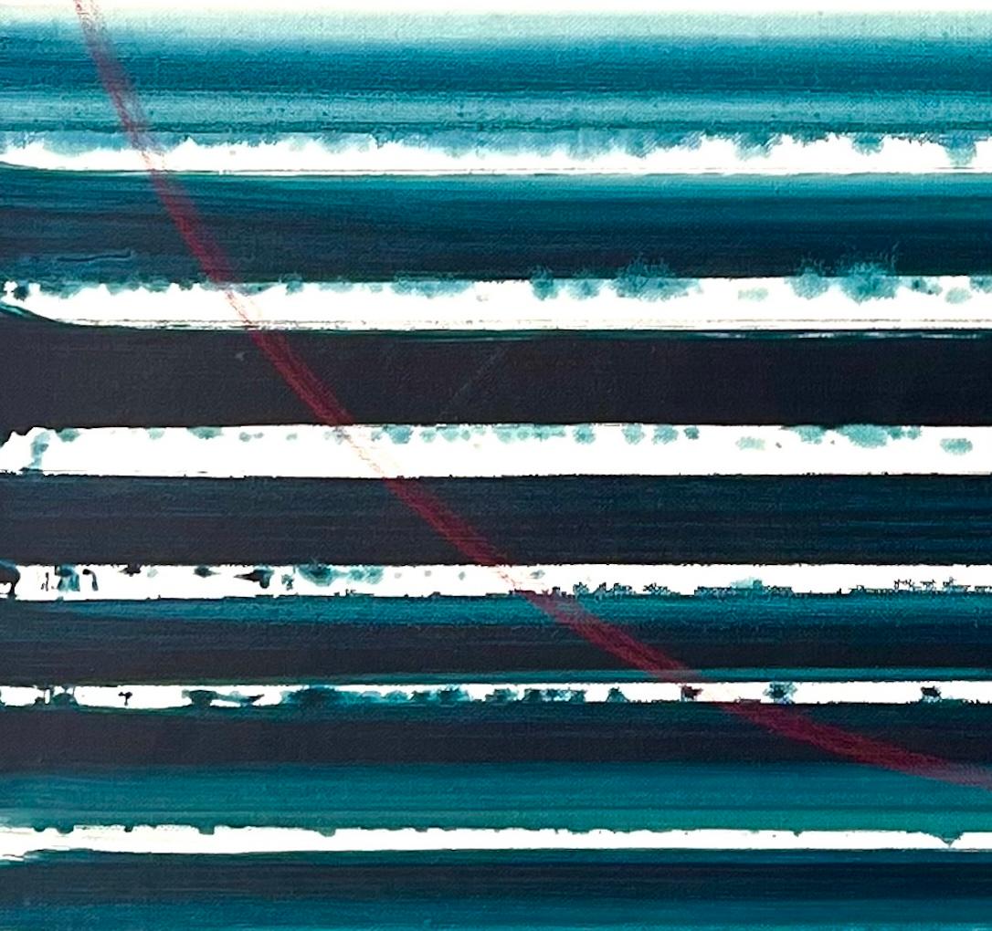 Eclipse, Abstract Teal And Blue Horizontal Stripe Painting, 38x30 in en venta 3