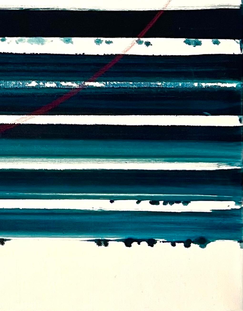 Eclipse, Abstract Teal And Blue Horizontal Stripe Painting, 38x30 in en venta 5