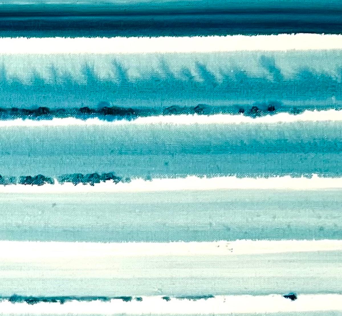 Eclipse, Abstract Teal And Blue Horizontal Stripe Painting, 38x30 in en venta 6