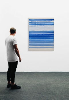 Etude in Cerulean, 40x30In. Blue Striped Abstract Vertical Contemporary Painting