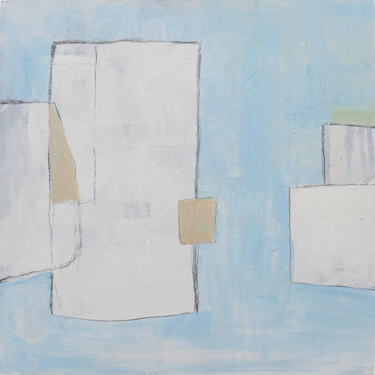 This abstract painting by Sue De Chiara features a light, white and blue palette, with green and beige accents. Imperfect rectangle shapes overlap over a light blue background, creating a balanced, minimalist composition. The painting is made with