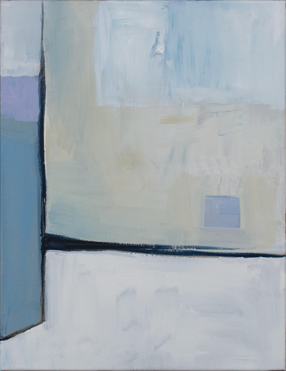 This abstract painting by Sue De Chiara features a cool blue palette. A deep charcoal line runs vertically and horizontally through the composition, truncating it into geometric areas which are layered with white, blue, lavender, and sandy beige