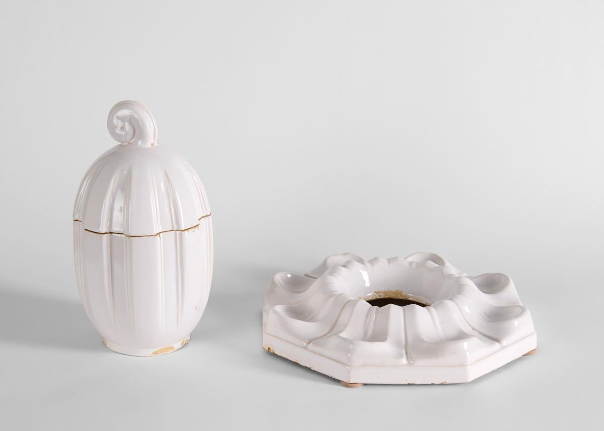 Glazed Sue et Mare, Pumpkin-shaped Tobacco Container w/ Pipe-Holder Base, Circa 1925 For Sale