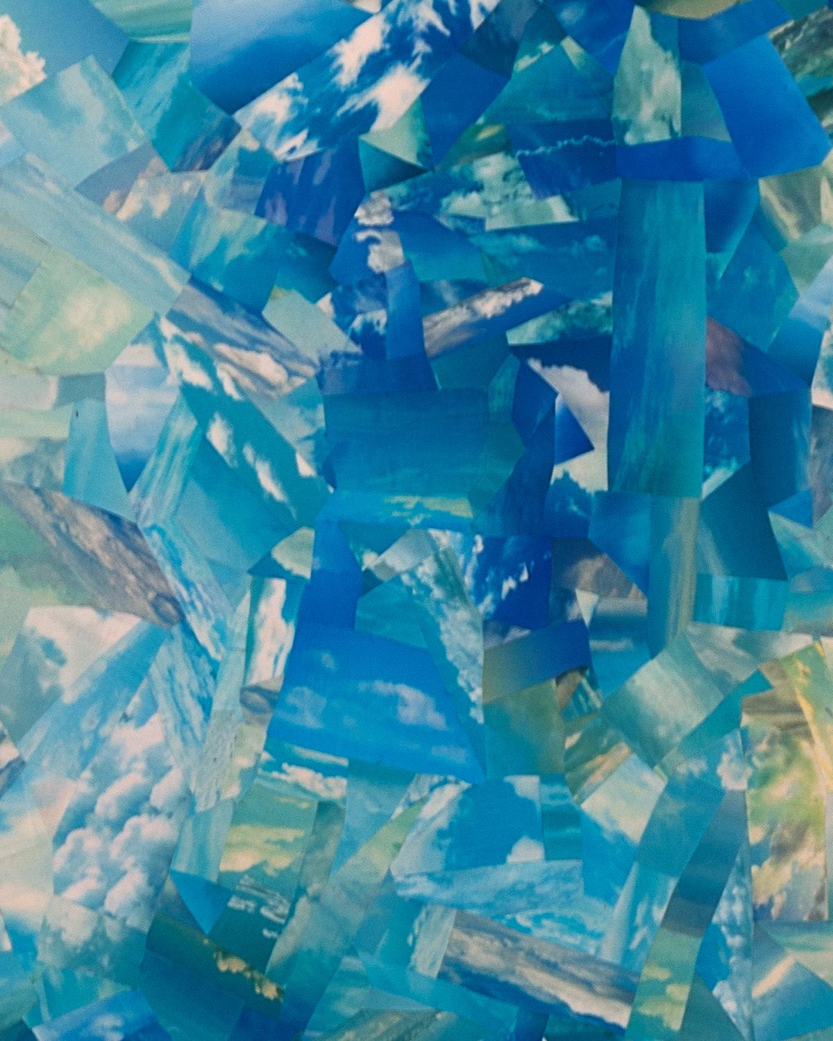 BLUE SKIES FOR ANDREW – Collage des Himmels auf Täfelung  (Zeitgenössisch), Mixed Media Art, von Sue Fox