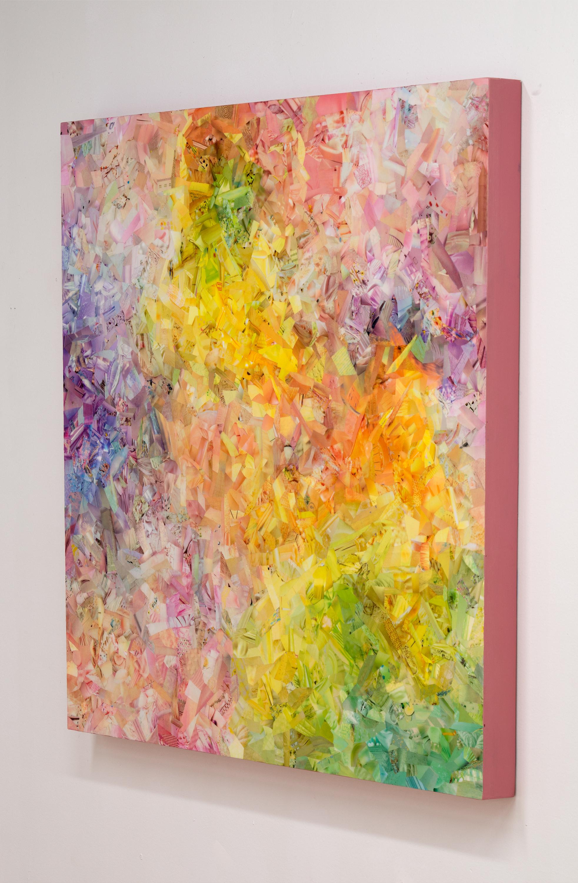 In TODDLER TANTRUM testet Sue Fox die meditativen Grenzen ihrer künstlerischen Arbeit aus. Intuitiv collagiert sie kleinere Stücke in leuchtenden Pink-, Lila- und Gelbtönen und drückt damit die durch und durch ungeordnete, wutentbrannte Natur des