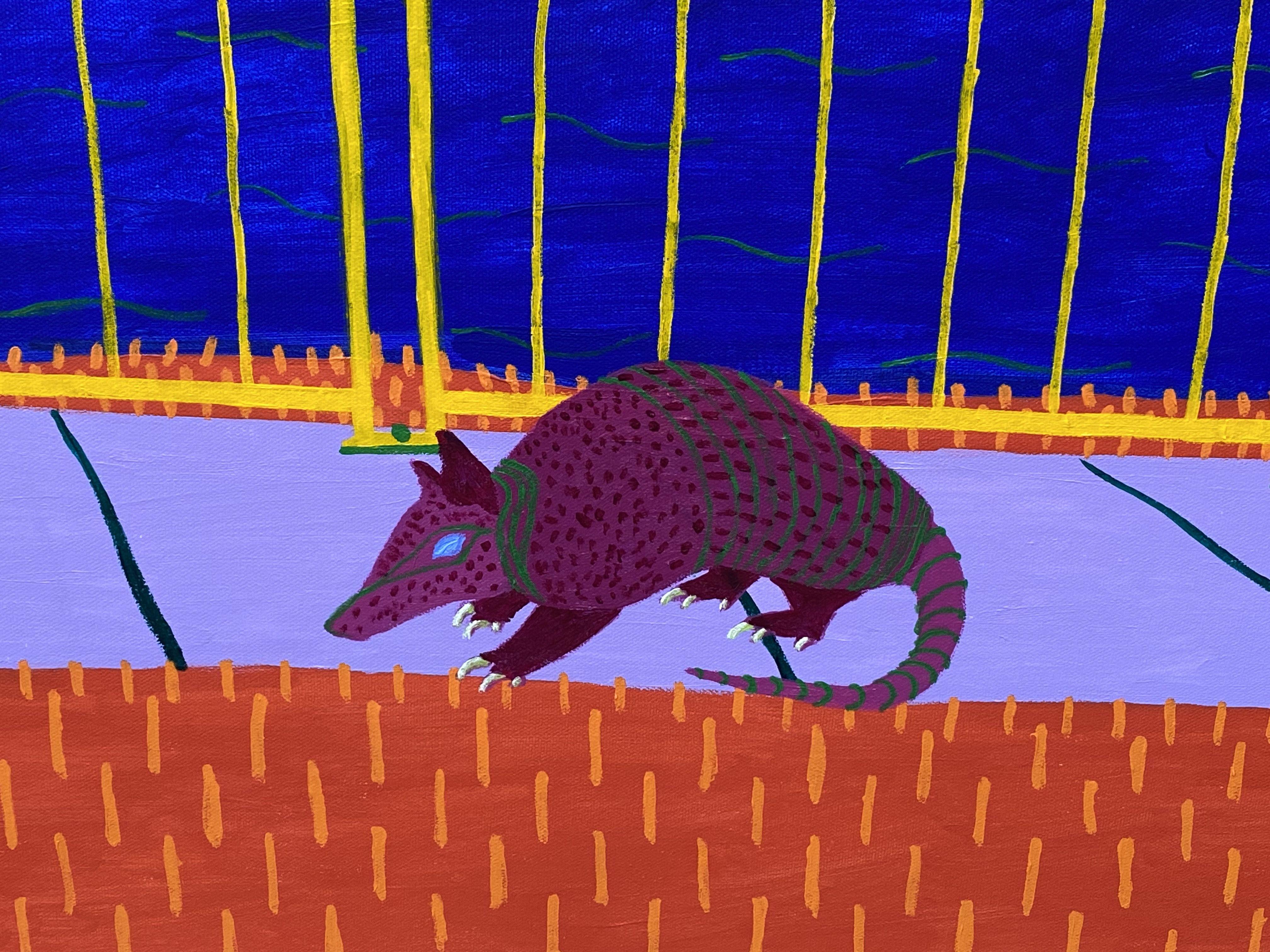 From time to time I see armadillos walking around near where I live, very interesting animals. This one was on the sidewalk at a small pond on Lake Avenue. The artwork is created in my Pop Art style with vibrant color to the max.  It measures 36 x