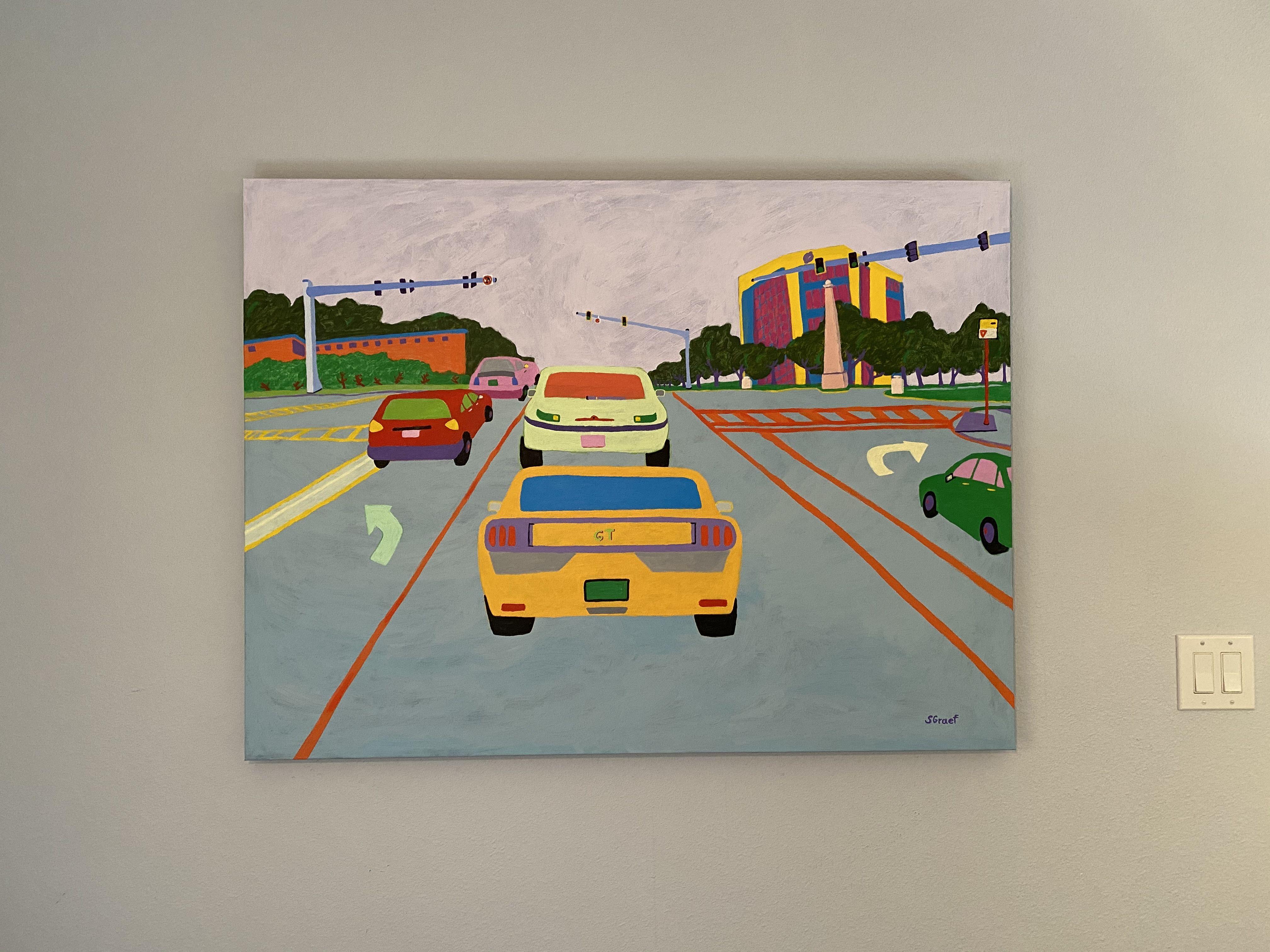 I was following my husband to the auto repair place to drop off his car for work. The light turned red and I stopped behind him, only to see another interesting scene to paint. So paint it I did, changing the colors of the cars as I wanted,