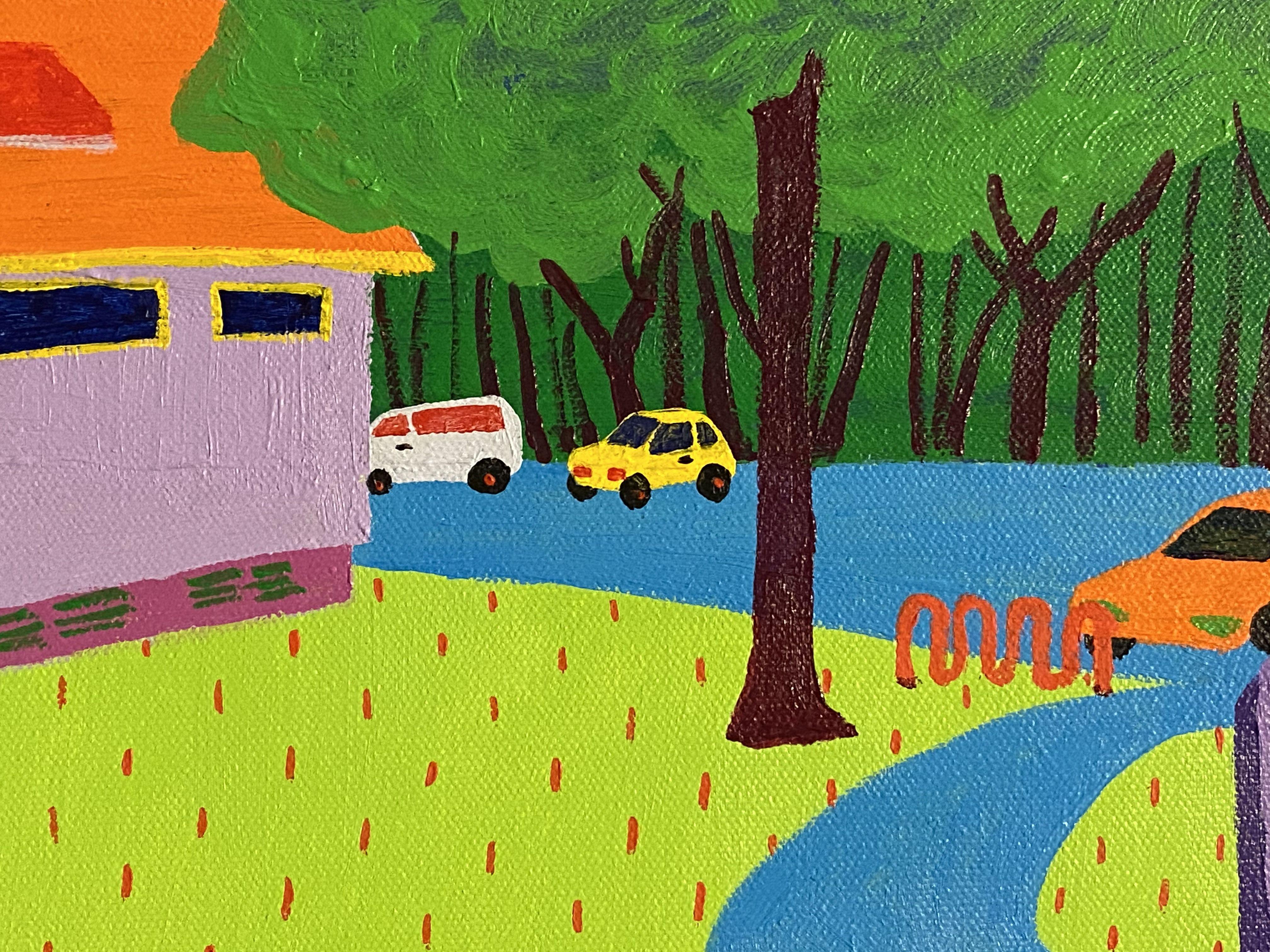 This painting is a re-creation of an interesting landscape scene I frequent often. It is located in Eagle Lake Park near my home. The lavender building is the bathroom, a nice convenience for my long walks haha. The bike racks were the most fun to