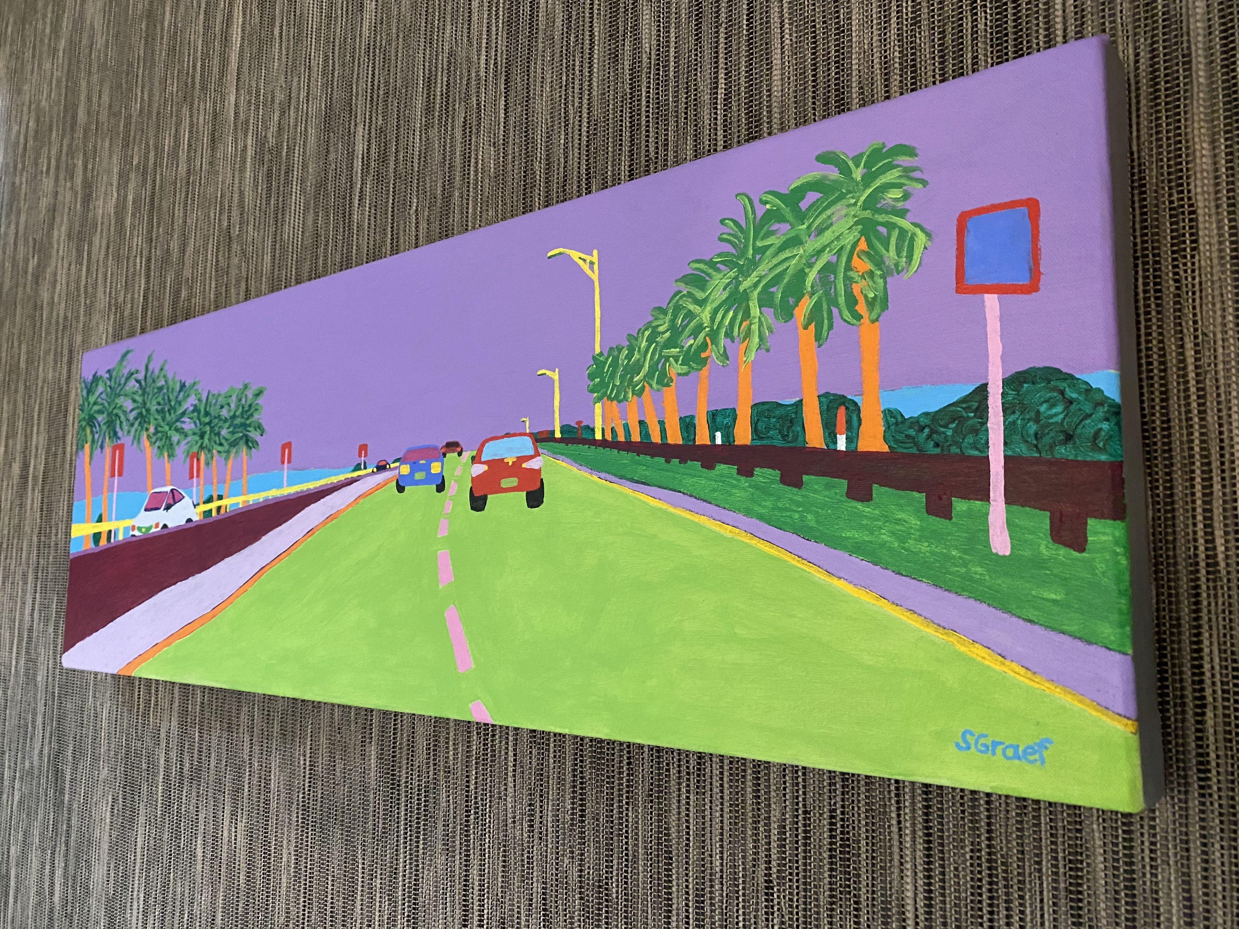 Una escena paisajística familiar vista con frecuencia en mis viajes de ida y vuelta por la calzada entre Clearwater y Tampa, Florida. Pintado juguetonamente en atrevidos colores verde, violeta, magenta y más verde.  La obra está sin enmarcar, con