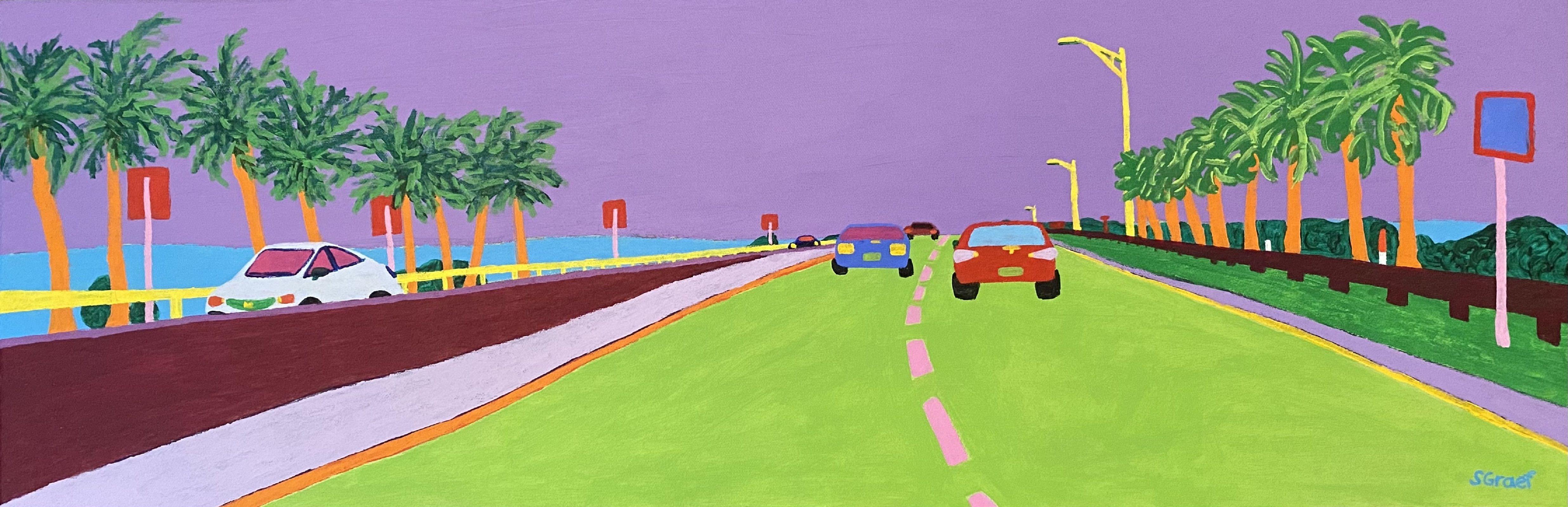 A familiar landscape scene viewed frequently in my travels back and forth on the causeway between Clearwater and Tampa, Florida. Painted playfully in bold colors of green, violet, magenta and more green.  The artwork is unframed with painted edges
