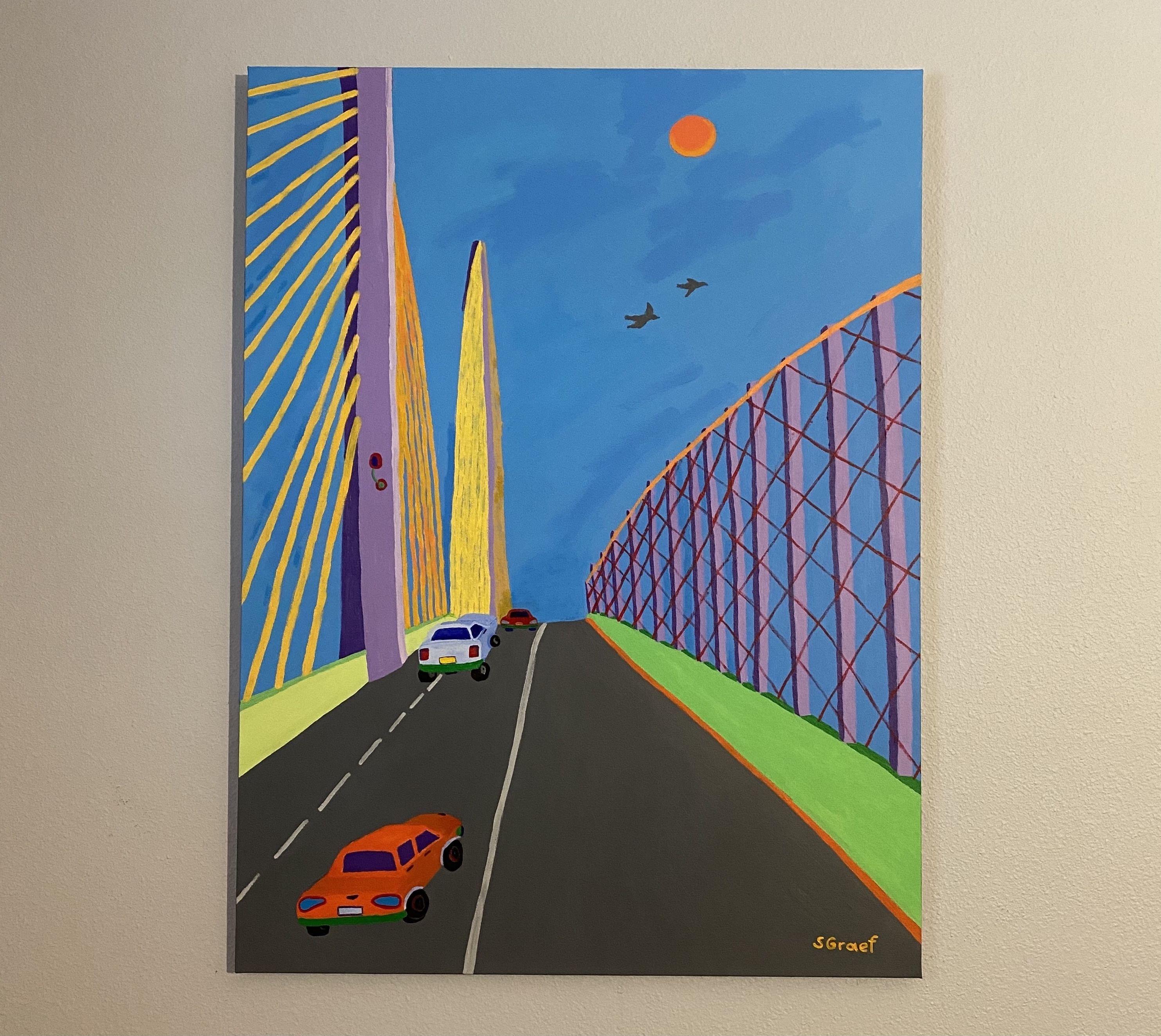 Driving Over the Sunshine Skyway Bridge, Painting, Acrylic on Canvas For Sale 4