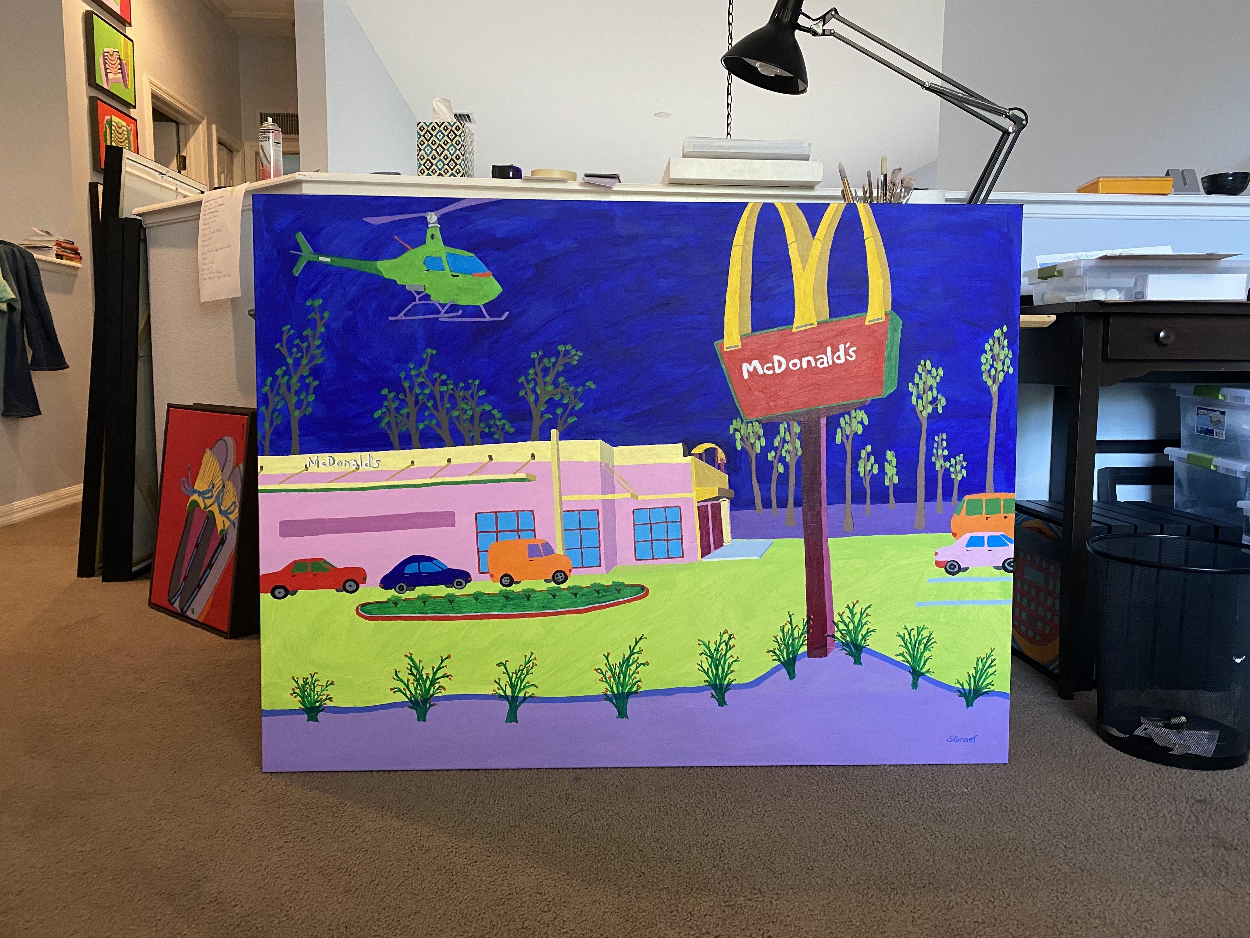 Helicopter Over McDonald's, Painting, Acrylic on Canvas For Sale 1