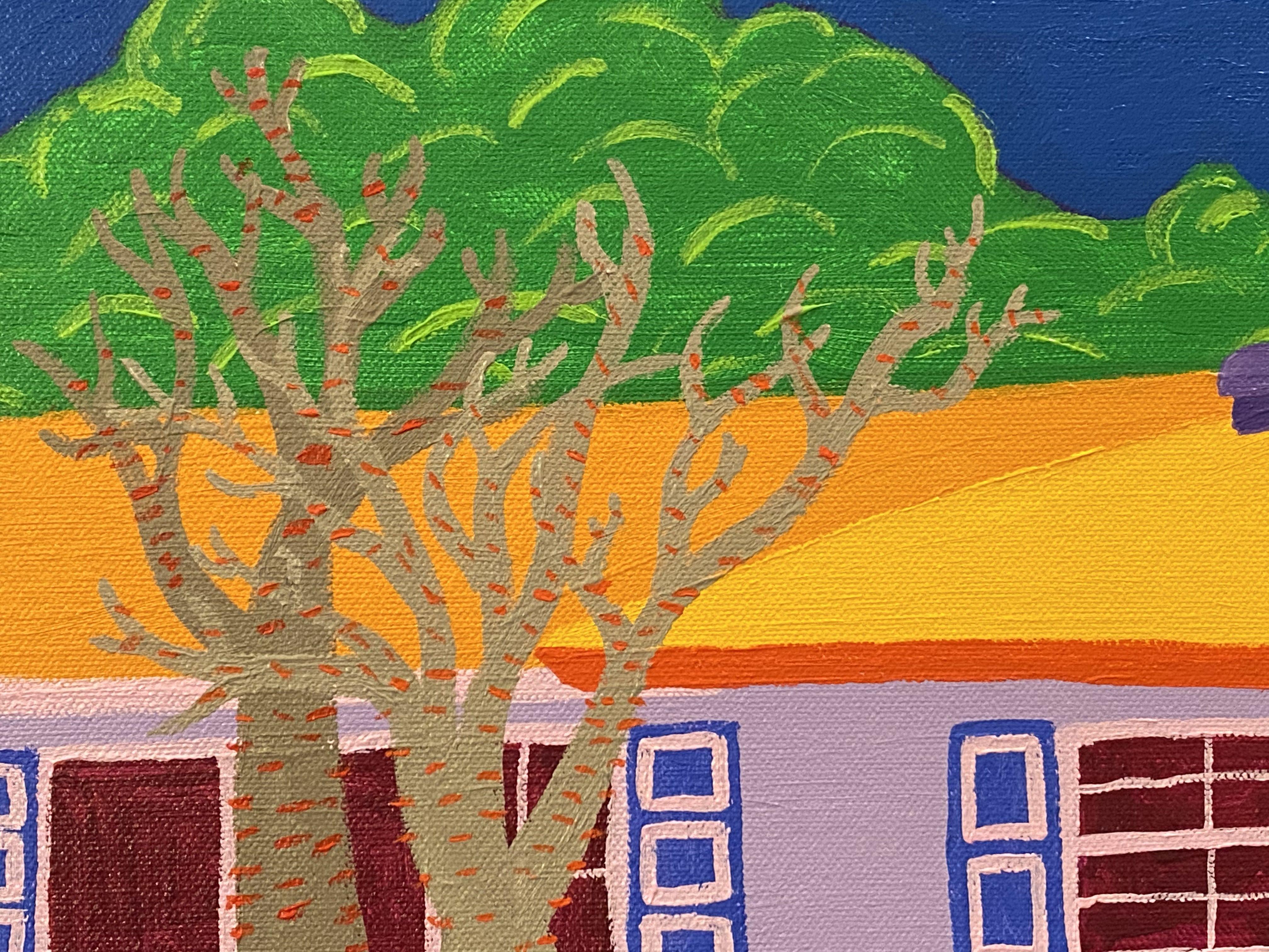 Un dipinto in acrilico dai colori vivaci, che ricrea una casa piuttosto banale con un albero interessante nel cortile anteriore. Dipinto nello stile unico e originale dell'artista con colori vivaci di rosso, verde, viola e arancione. I bordi sono