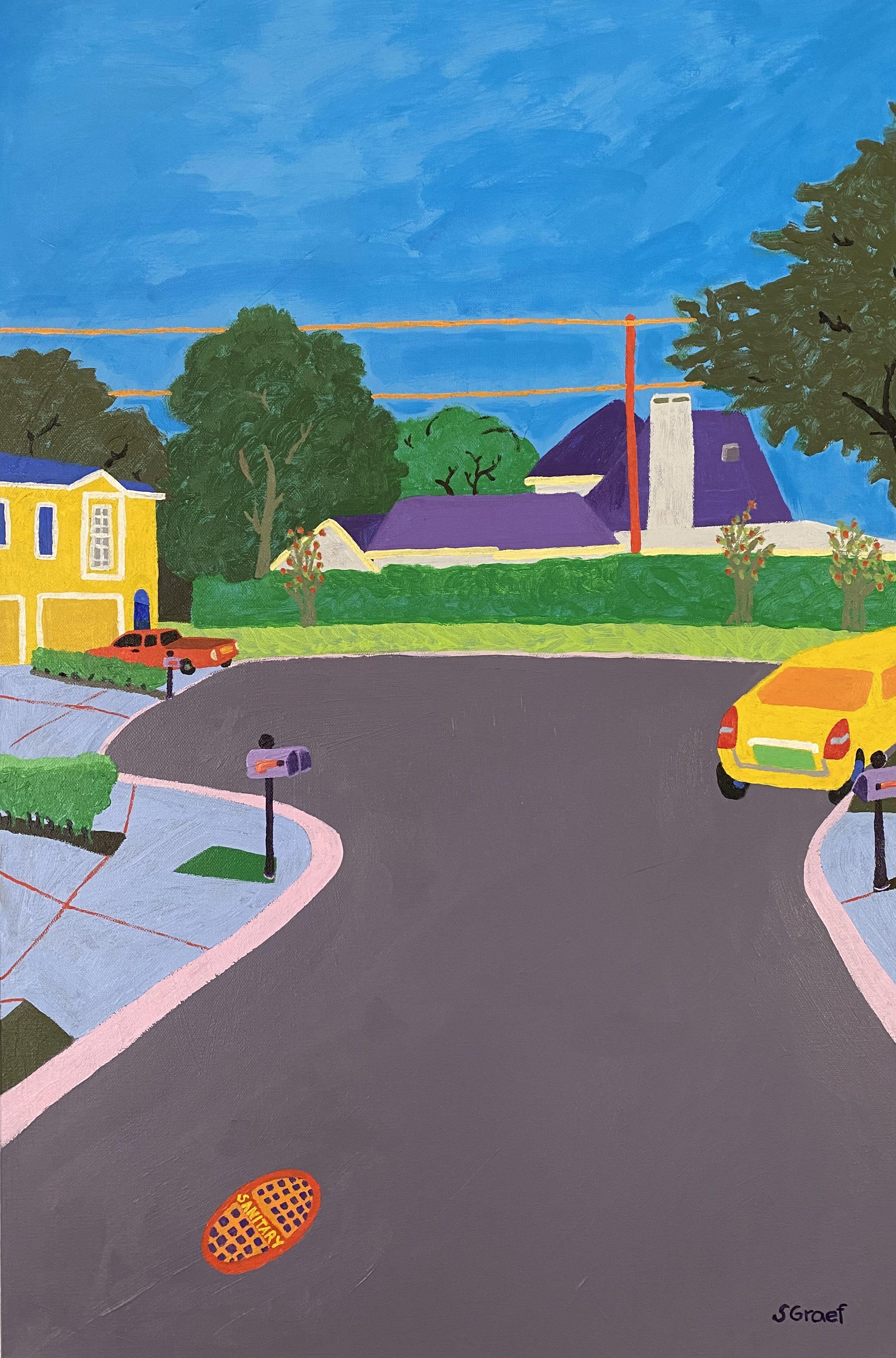 The street where I live, Jacob Court, makes a very nice comfortable space that I have enjoyed for the last 20 years. This painting is the first in a series of three artworks re-creating this space. Mailboxes, houses, cars and trees painted in