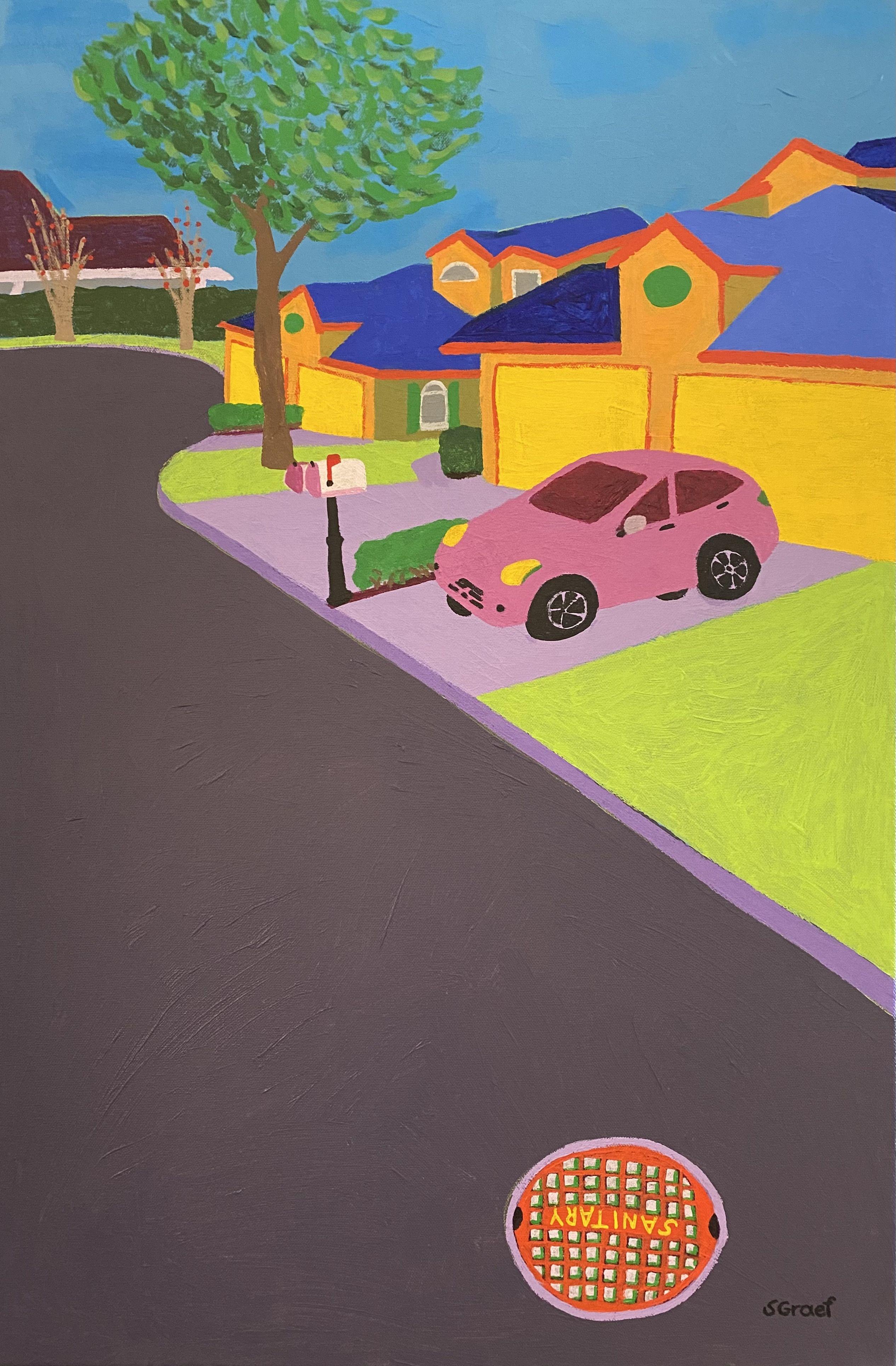 Second in the series of three Jacob Court paintings, this one follows with a brilliant sky and a bold pinkish car. It is another view of the street where I live.  The painting measures 30 x 20 x 1.5 inches, is unframed with neatly painted edges and