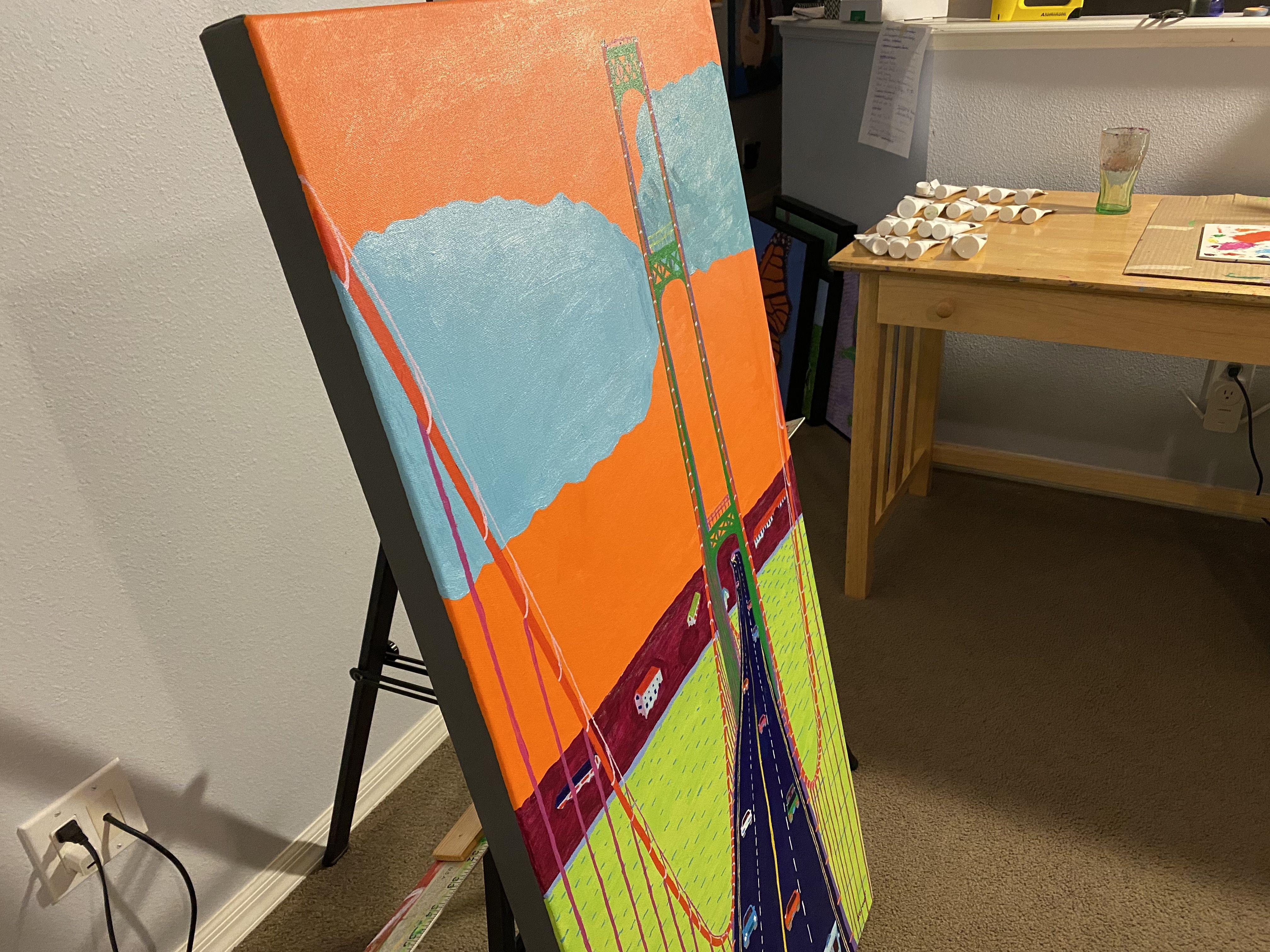   This is a vibrant acrylic Pop Art style painting of the beautiful Mackinac Bridge. This architectural masterpiece is a suspension bridge connecting the Upper and Lower peninsulas of the US state of Michigan. The length of the bridge with all its