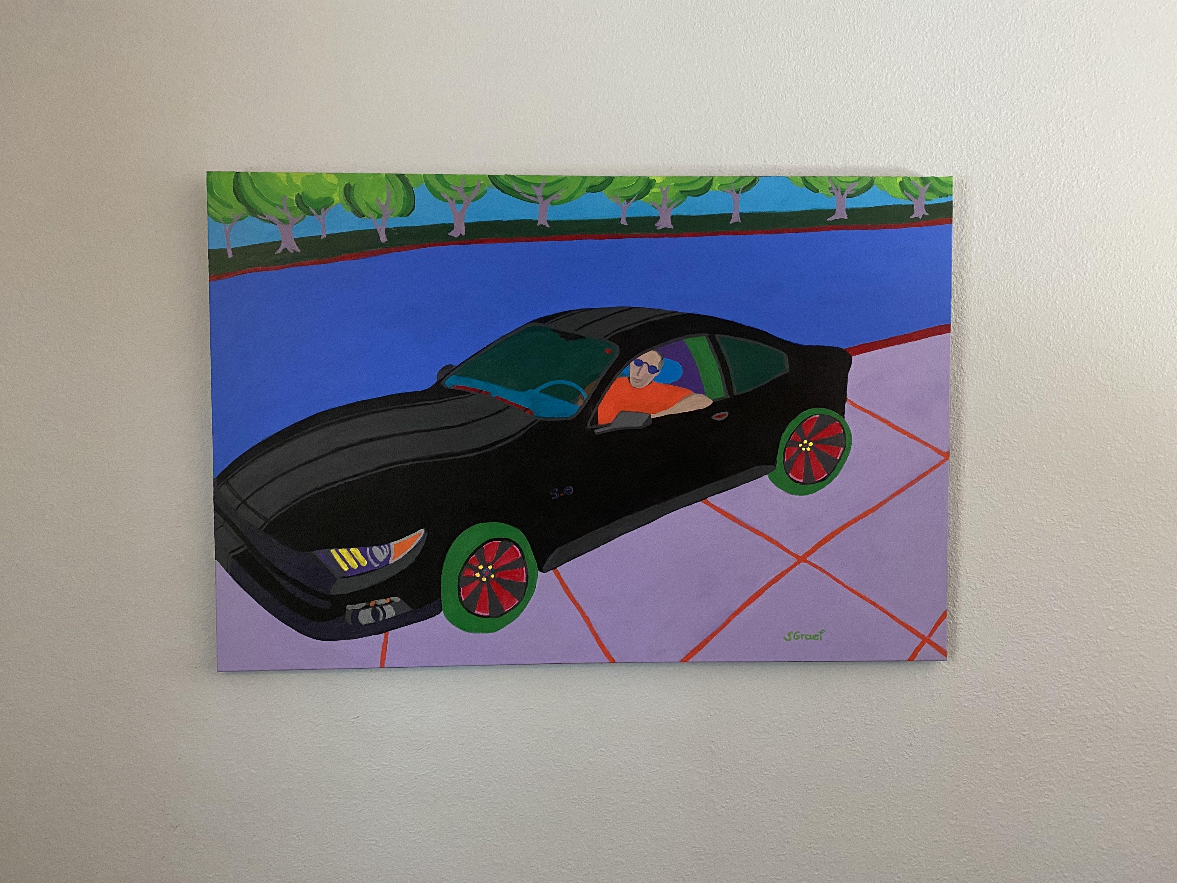 Mustang on the Driveway, Painting, Acrylic on Canvas For Sale 4
