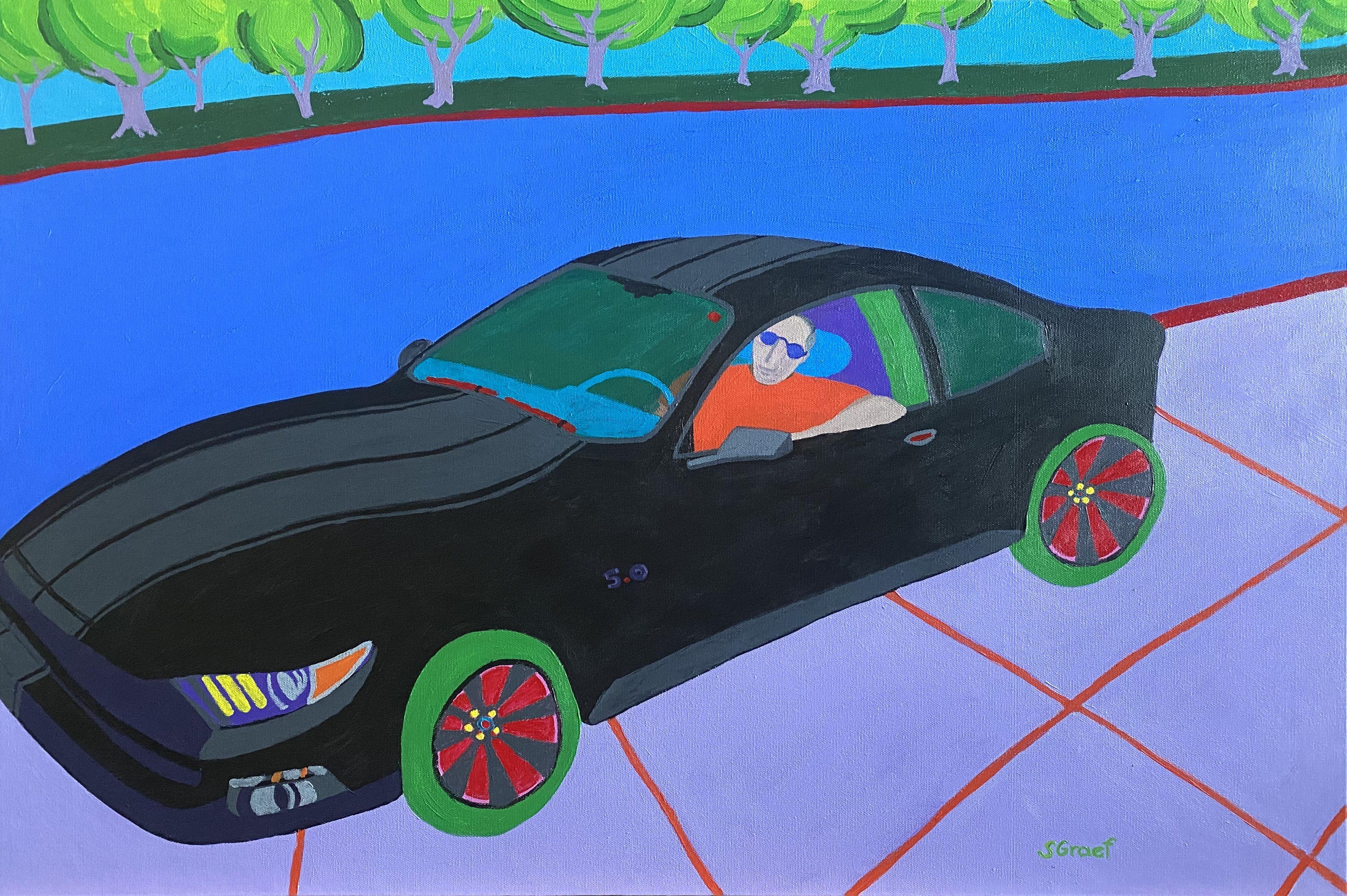 I wanted to create an image of my husband's beloved Mustang with him in it and so I did. Painted in vibrant hues of blue, green, violet and of course the black car. I was told as I was painting this one, " You gotta paint the Mustang black with the