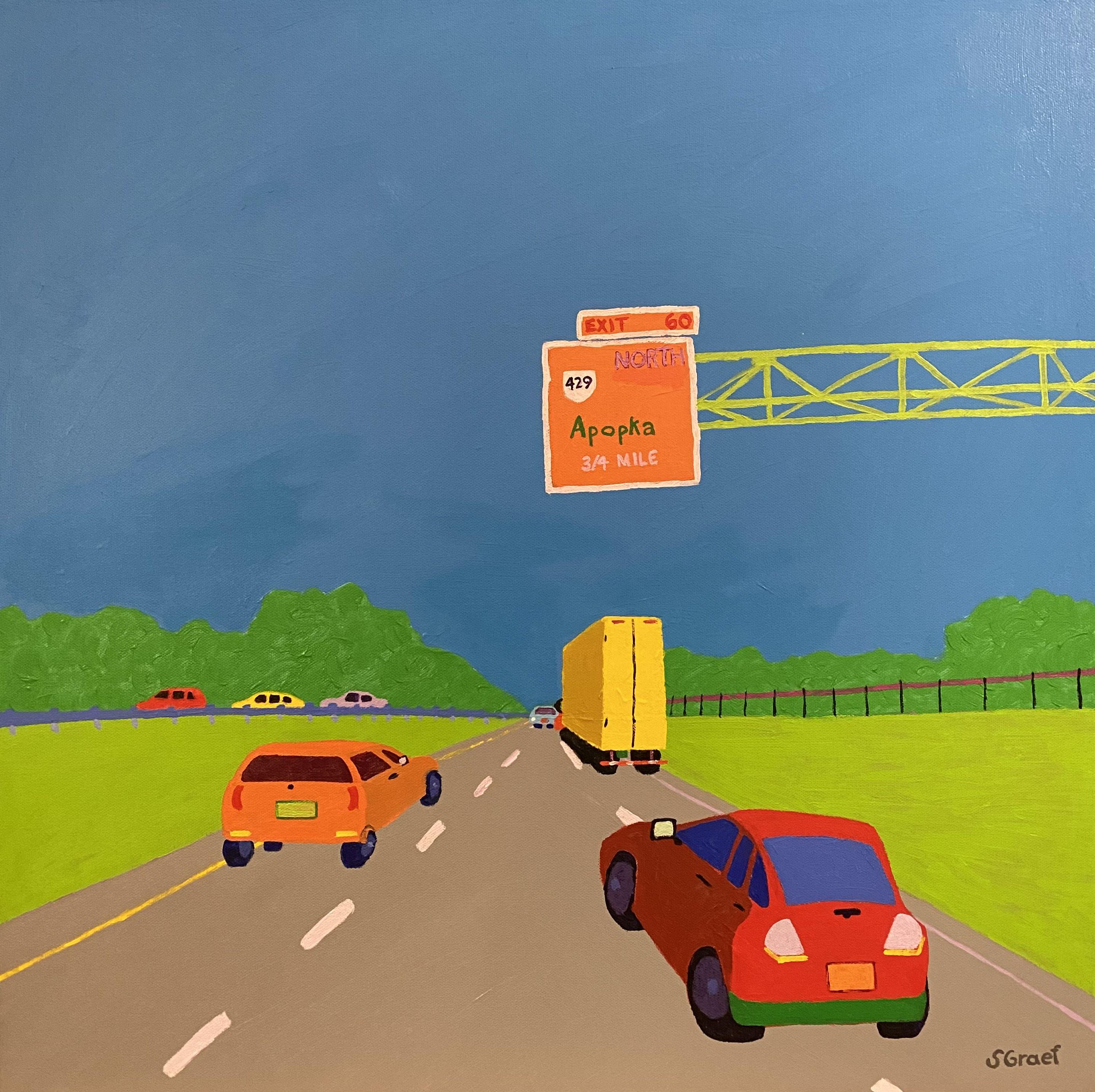 "On the Way to Orlando" was conceived on a drive with my husband from our home to Orlando, Florida. it's predominantly a very boring drive but I saw this weird sign for a strange town called Apopka and I immediately wanted to paint it. The only