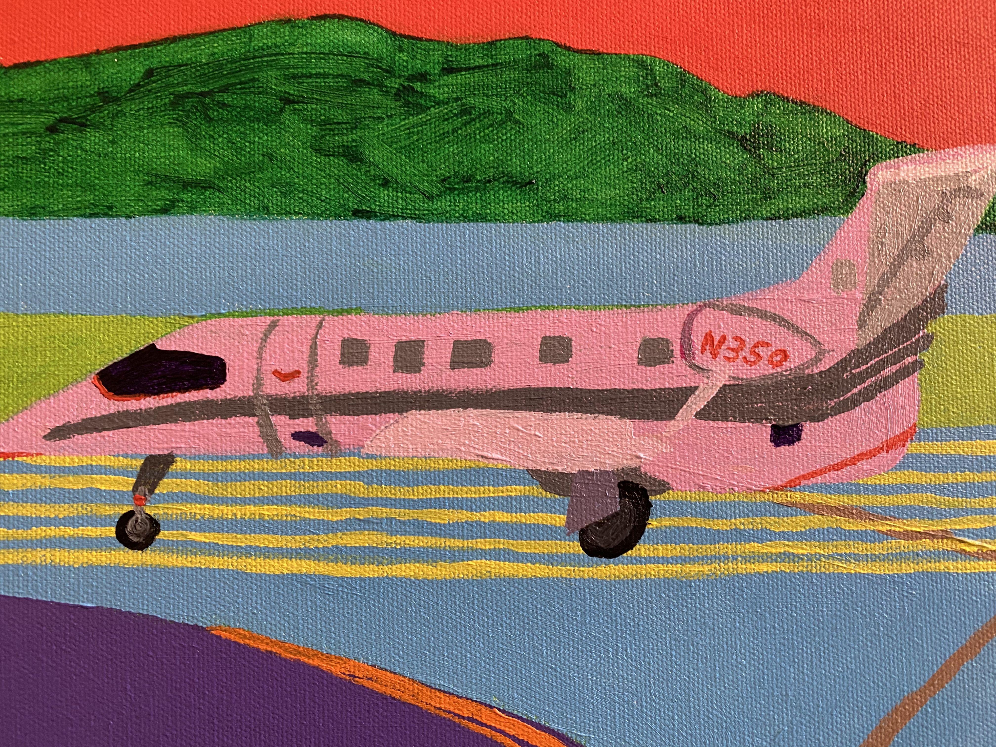 An airport landscape depicting the wait for takeoff sitting on the runway with a private jet also waiting its turn.  This acrylic painting was created with intense blues, pink, yellow, green purple and red on stretched canvas. It is unframed, the