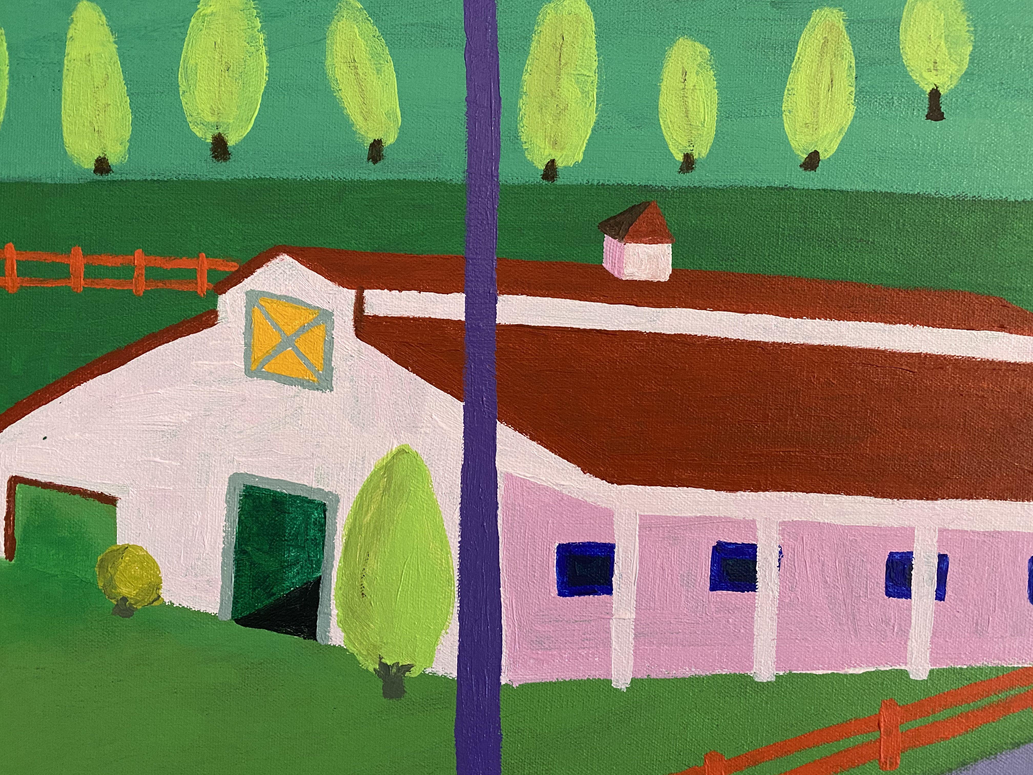A trip to the mountains and rolling hills of northern Georgia inspired this Pop Art painting.  The houses and farm buildings nestled among the trees and green pastures make for a comforting space and that is what I created on the canvas.  The