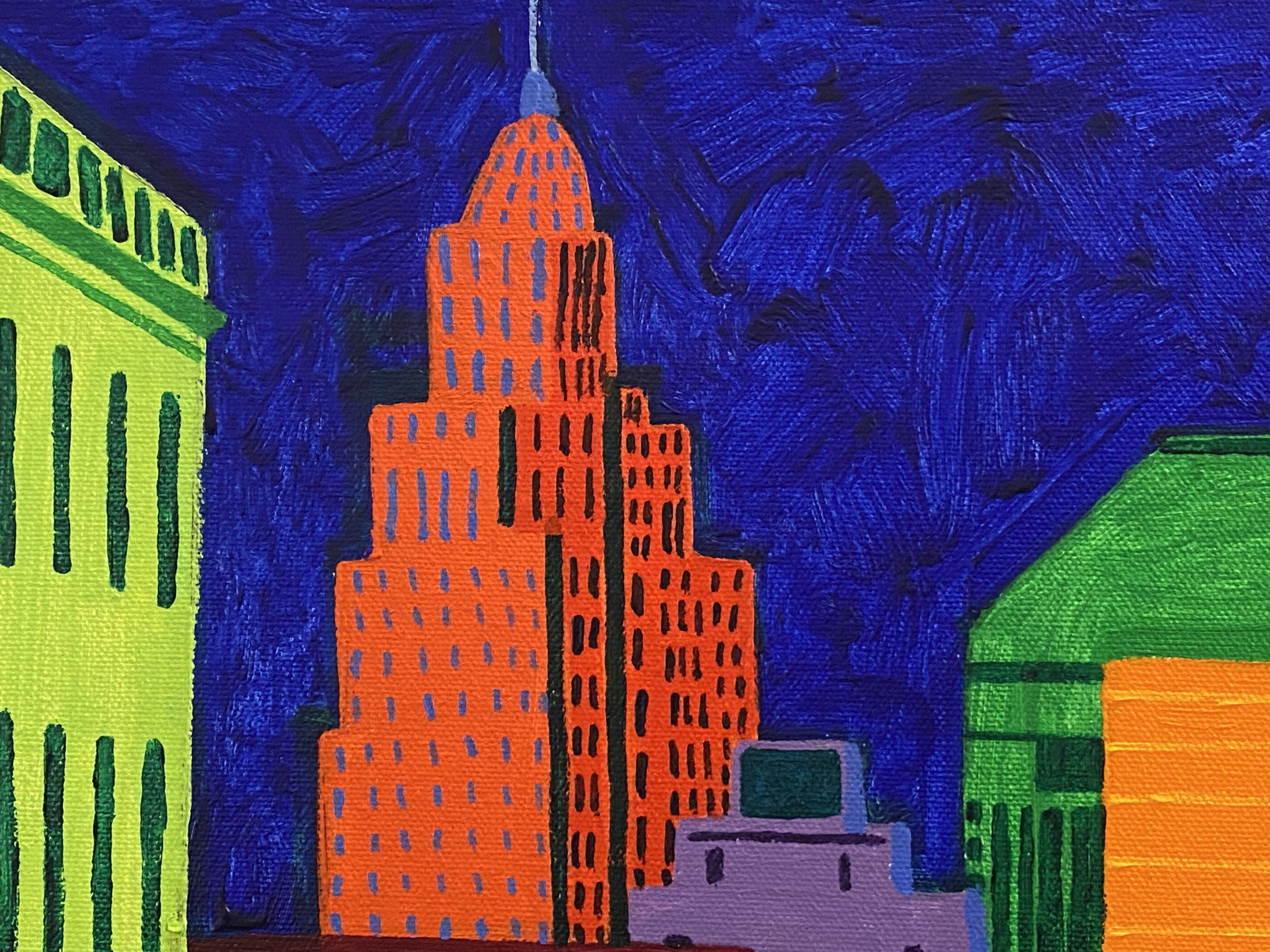 A very busy street scene in New York City beautifully painted with acrylic in a unique bold and brilliant Pop Art style. I often walked the streets in this part of the city simply to look around. There was so much going on in this landscape I had to