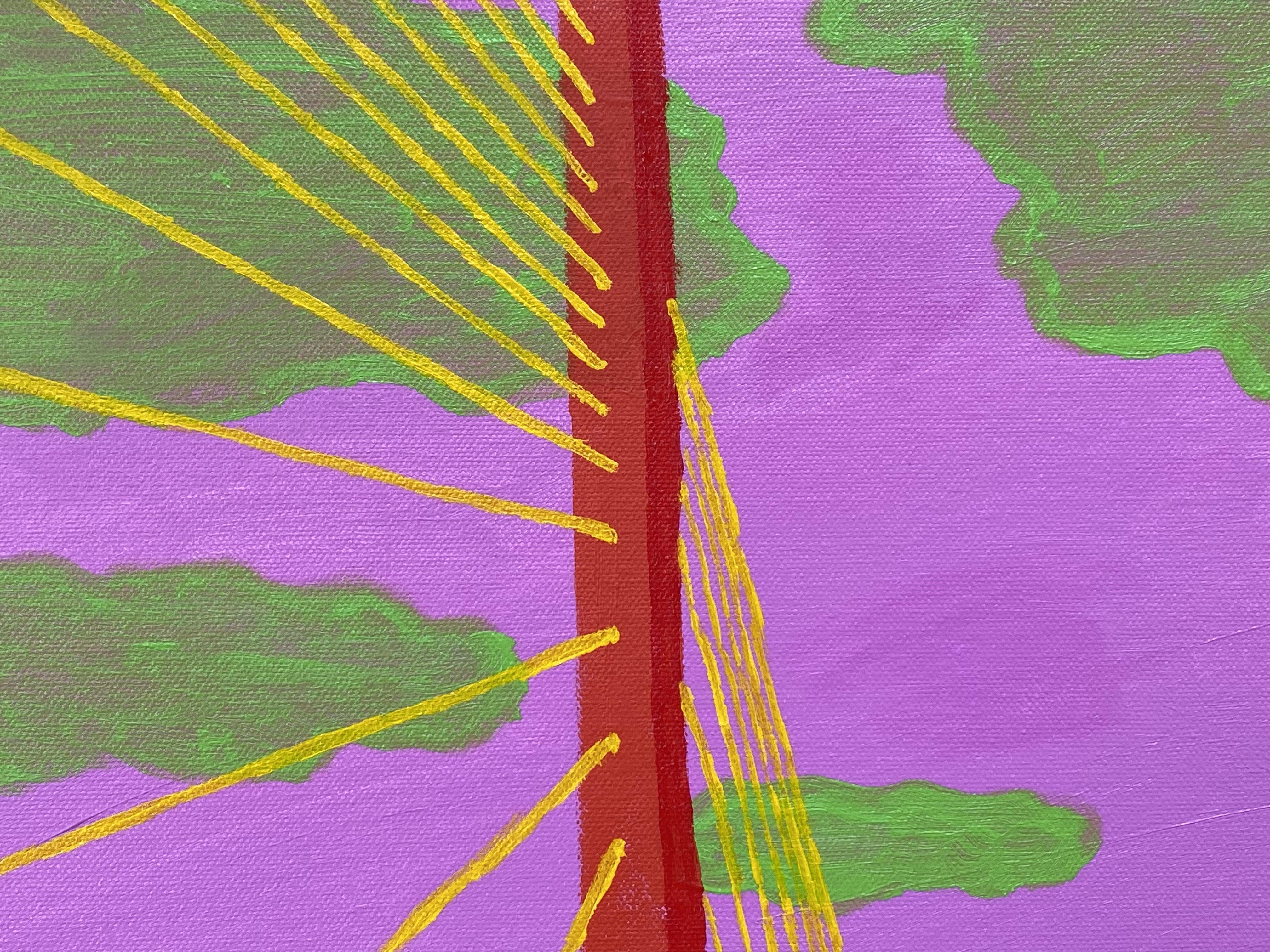 This vibrant Pop Art landscape painting was inspired by the Sunshine Skyway Bridge which spans the Lower Tampa Bay connecting St. Petersburg, Florida to Terra Ceia. I created this unusual work with brilliant pink, green, red and blue, disregarding