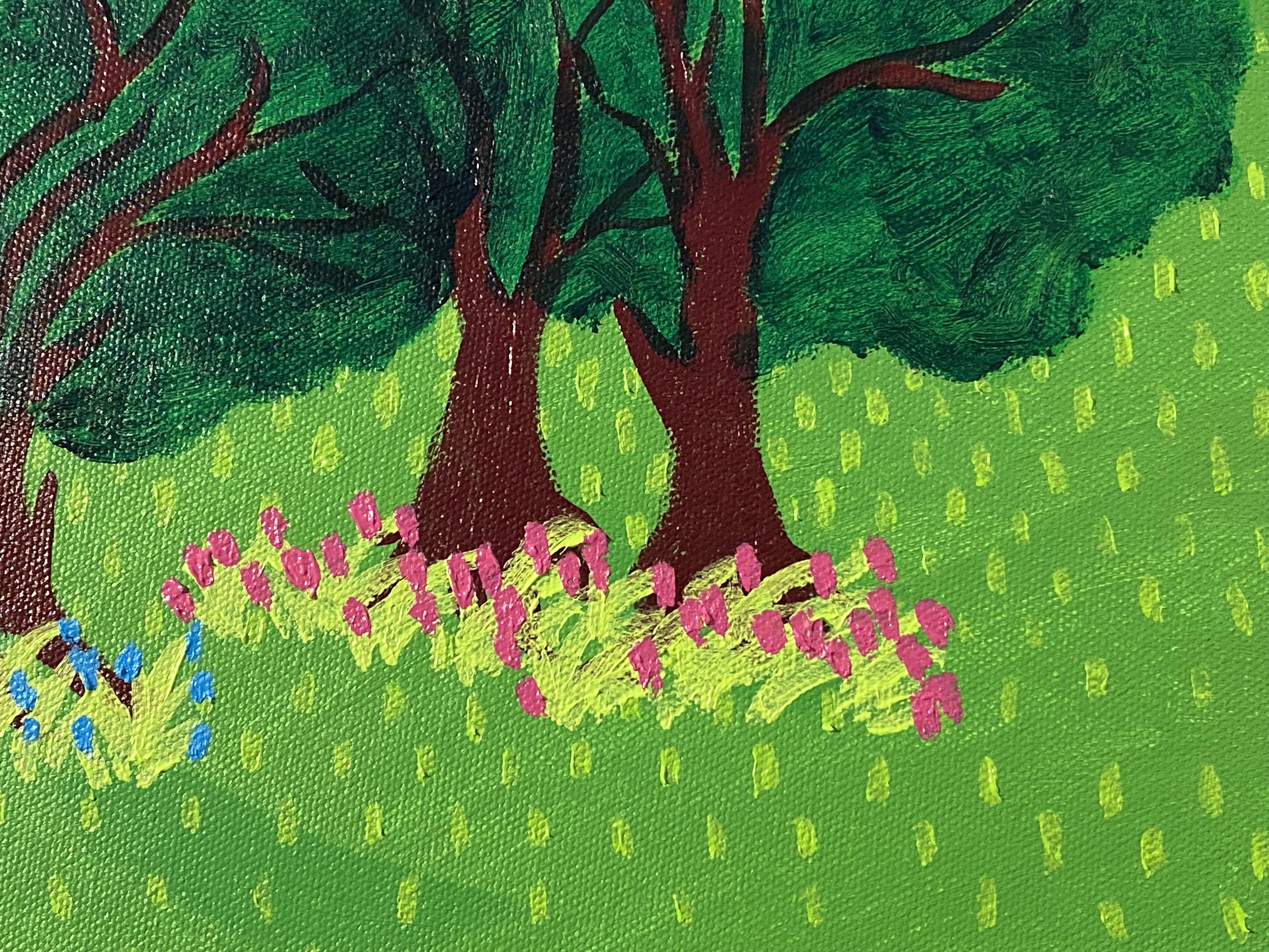 Three Cows is a vibrant, whimsical Pop Art style, acrylic, landscape painting on stretched canvas. Inspired by the rural countryside of the Southeastern United States, I took on the challenge of using abstract colors for a very real scene. I wanted