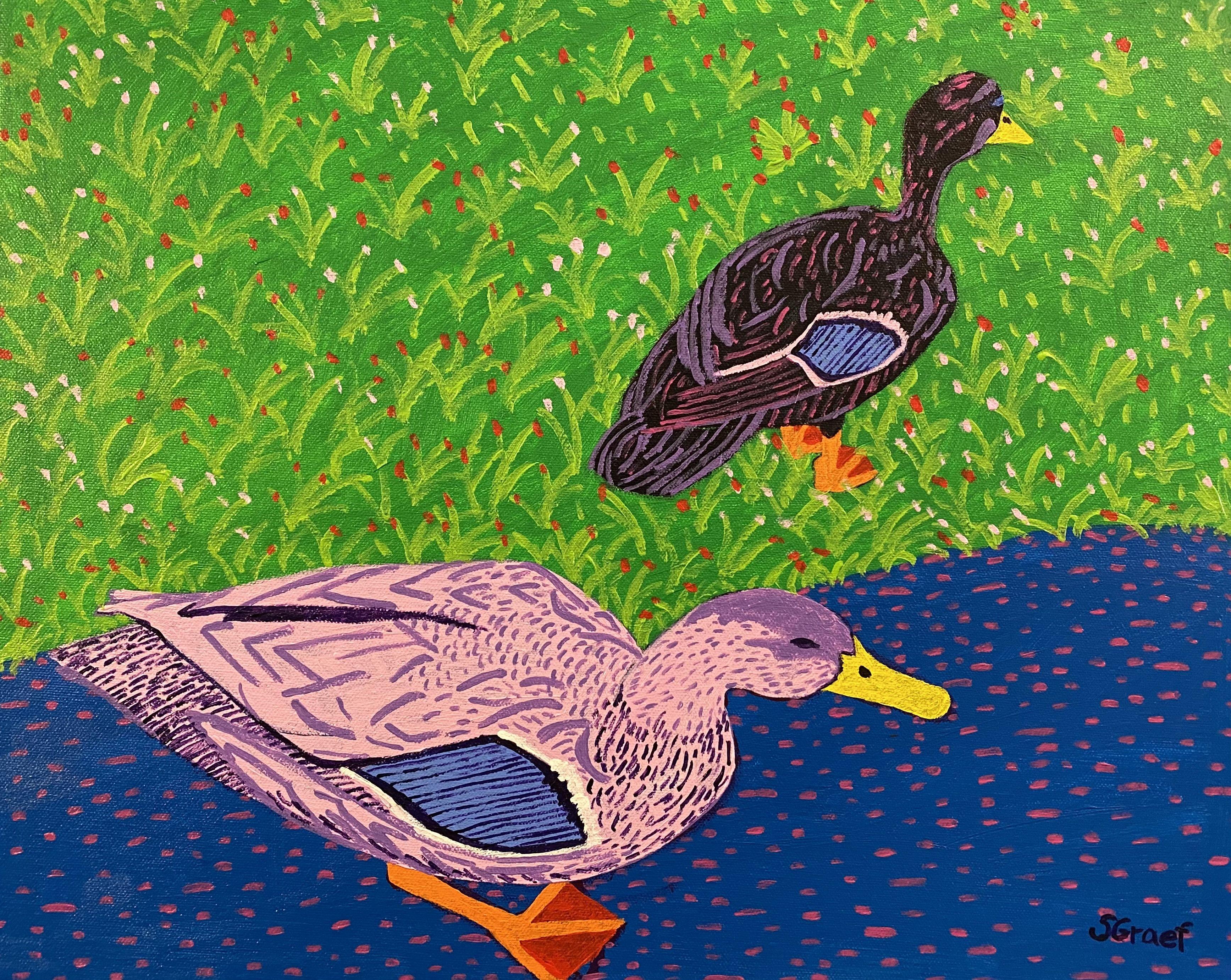 Deux canards sont plus qu'un, peinture, acrylique sur toile - Painting de Sue Graef