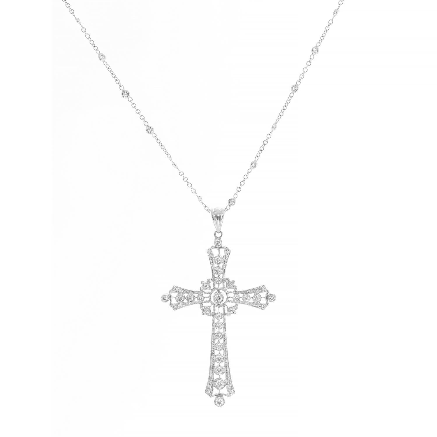 Women's Sue Gragg 18k White Gold Diamond Byzantine Cross Chain Necklace For Sale