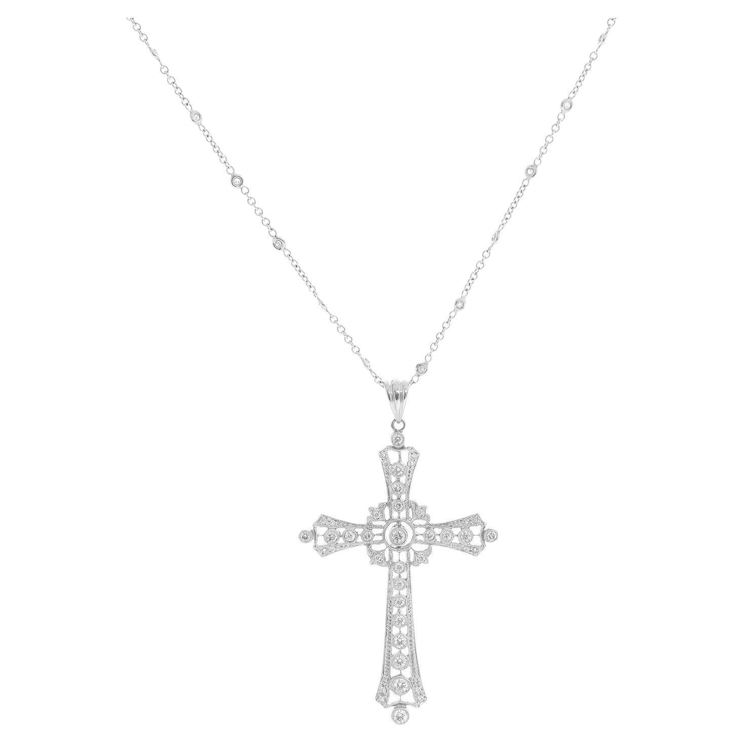 Sue Gragg 18k White Gold Diamond Byzantine Cross Chain Necklace For Sale