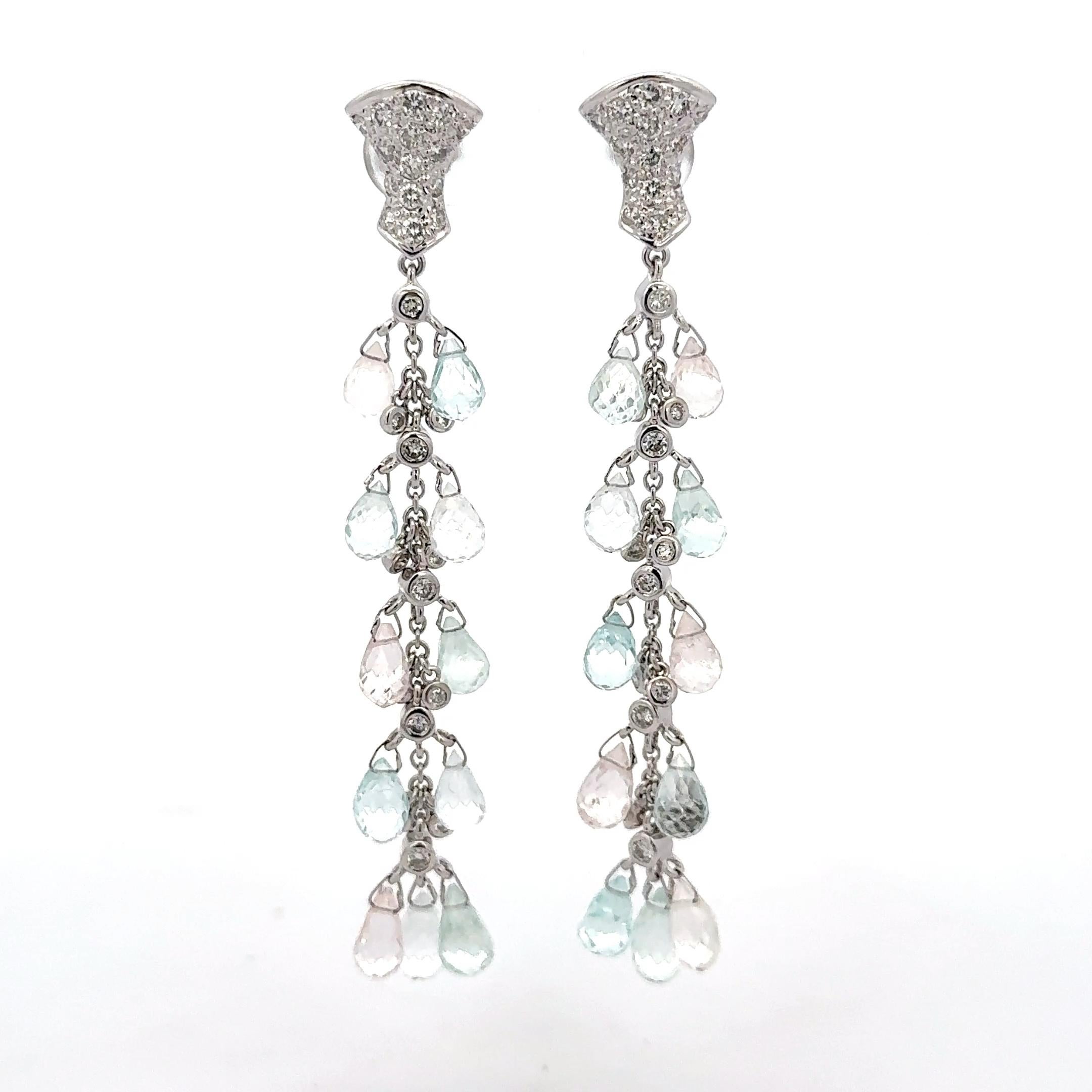 Briolette Cut Sue Gragg Aquamarine Diamond Dangle Earrings 18K White Gold For Sale