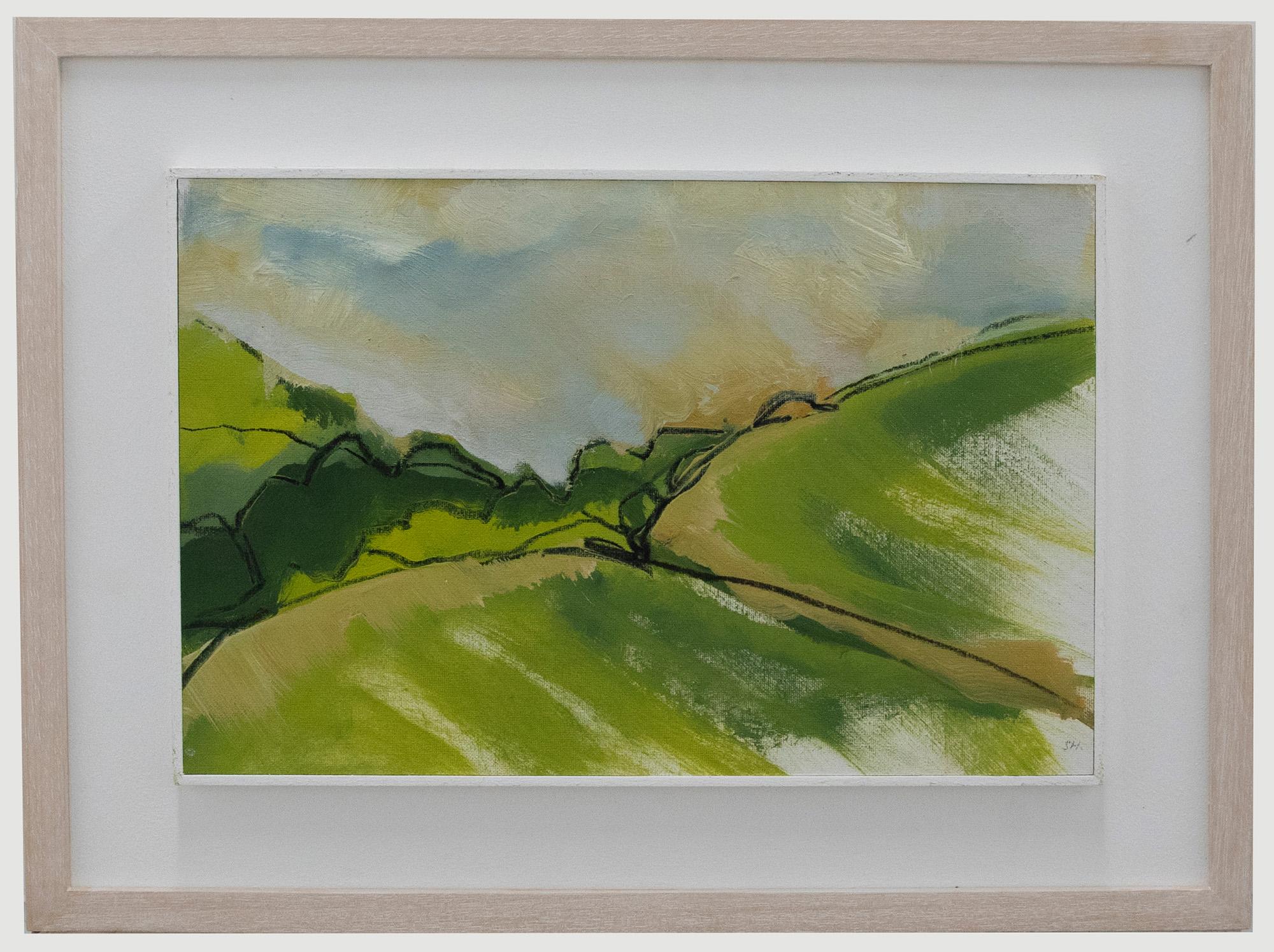 An original mix media painting by contemporary artist sue Halliday. The scene depicts a verdant Cornish valley hit with the first rays of sun. The artist has signed with initials to the lower right and presented the painting in a beautiful custom