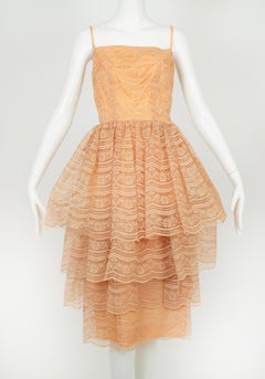 Nude Lace Lampshade Funnel Skirt Cocktail Party Dress – XS, 1960s