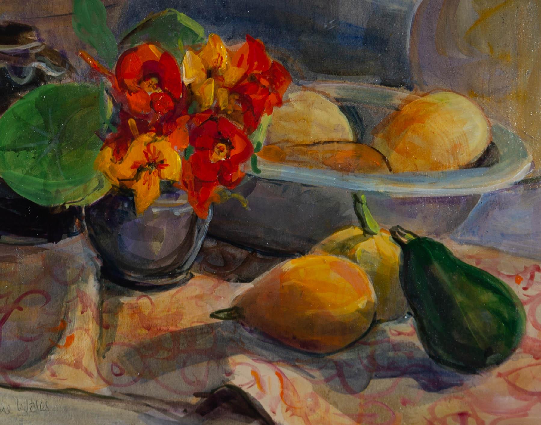 An early Autumnal still life, showing a vase of vibrant nasturtium flowers on a patterned tablecloth with a collection of miniature gourds. The artist has captured a lovely warm light that casts long shadows across the scene, as though its a Autumn