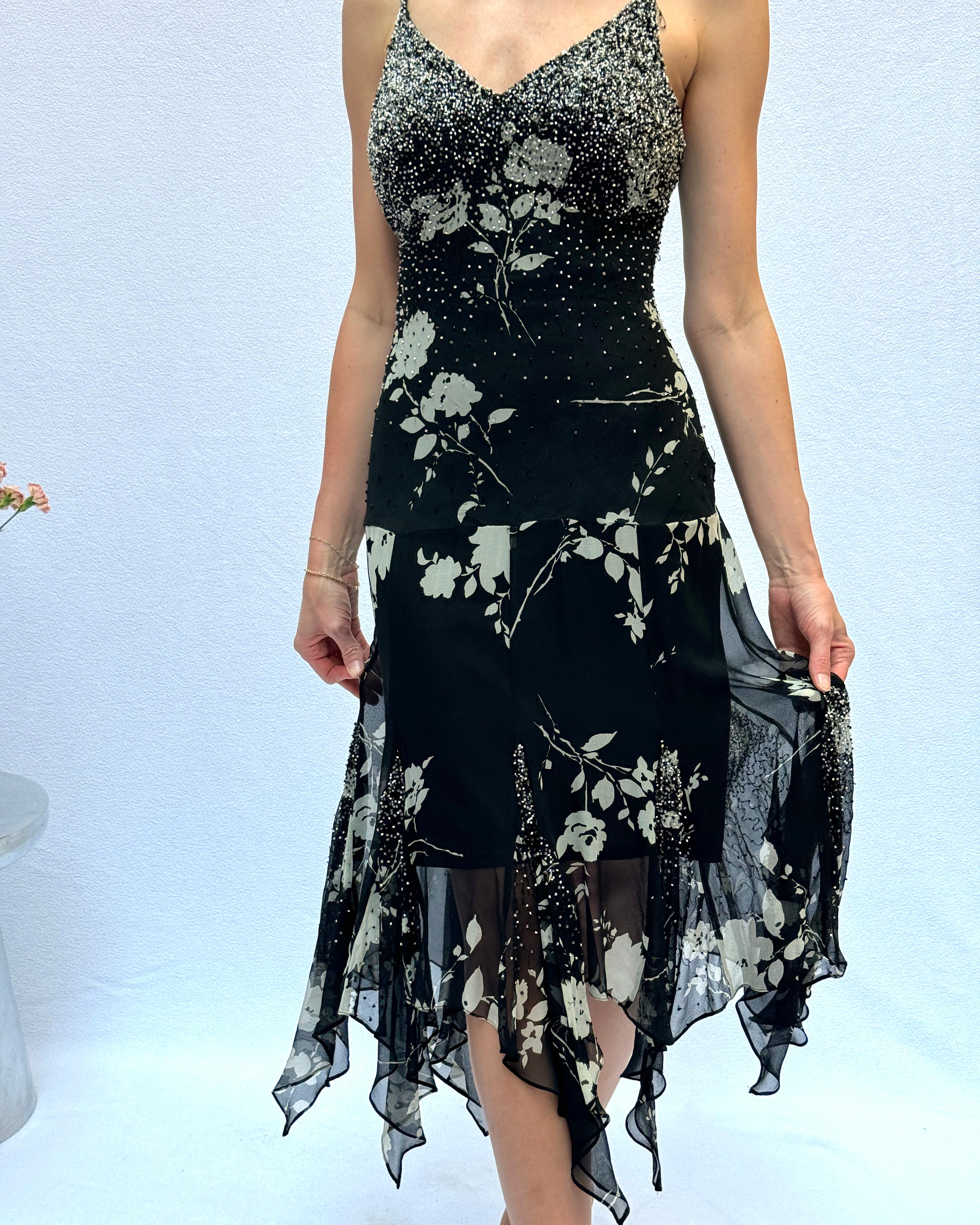 This vintage Sue Wong beaded silk chiffon dress is so classic Sue Wong, from the bias-cut silk chiffon to the artful beadwork. It is from the designer's 