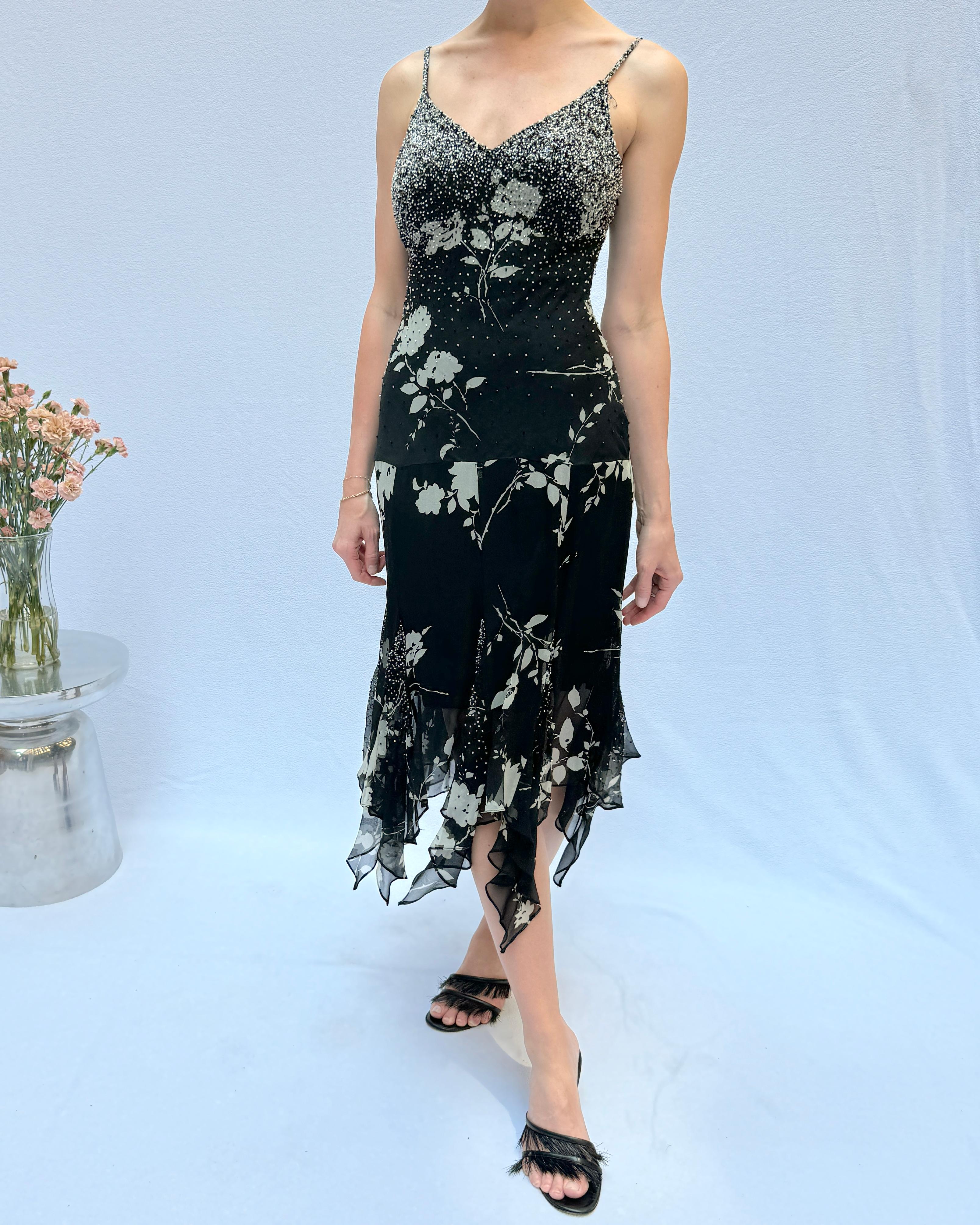 Black Sue Wong Vintage Y2K Beaded Silk Chiffon Dress For Sale