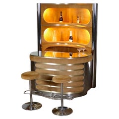 Suede And Chrome Dry Bar With Barstools by Willy Rizzo, 1970s