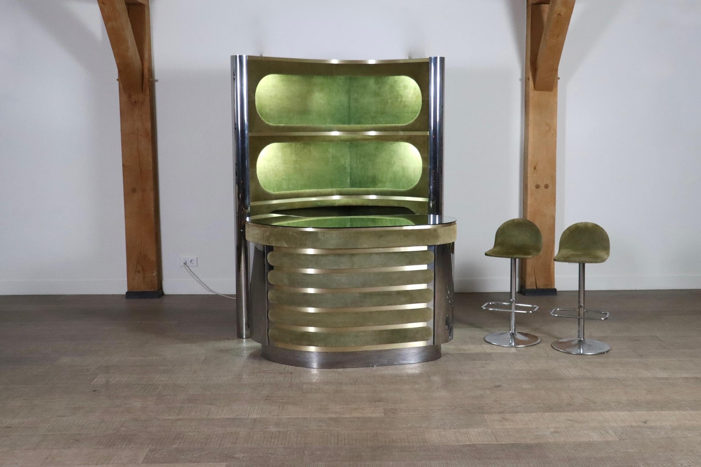 Suede And Chrome Dry Bar With Barstools In Olive Green, Willy Rizzo, Italy 1970s 7