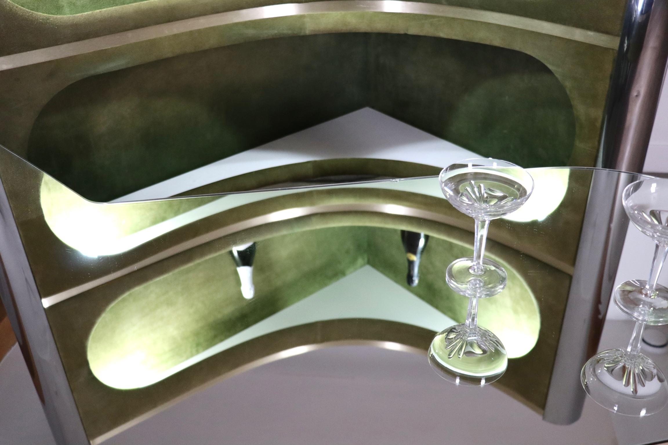 Suede And Chrome Dry Bar With Barstools In Olive Green, Willy Rizzo, Italy 1970s 8